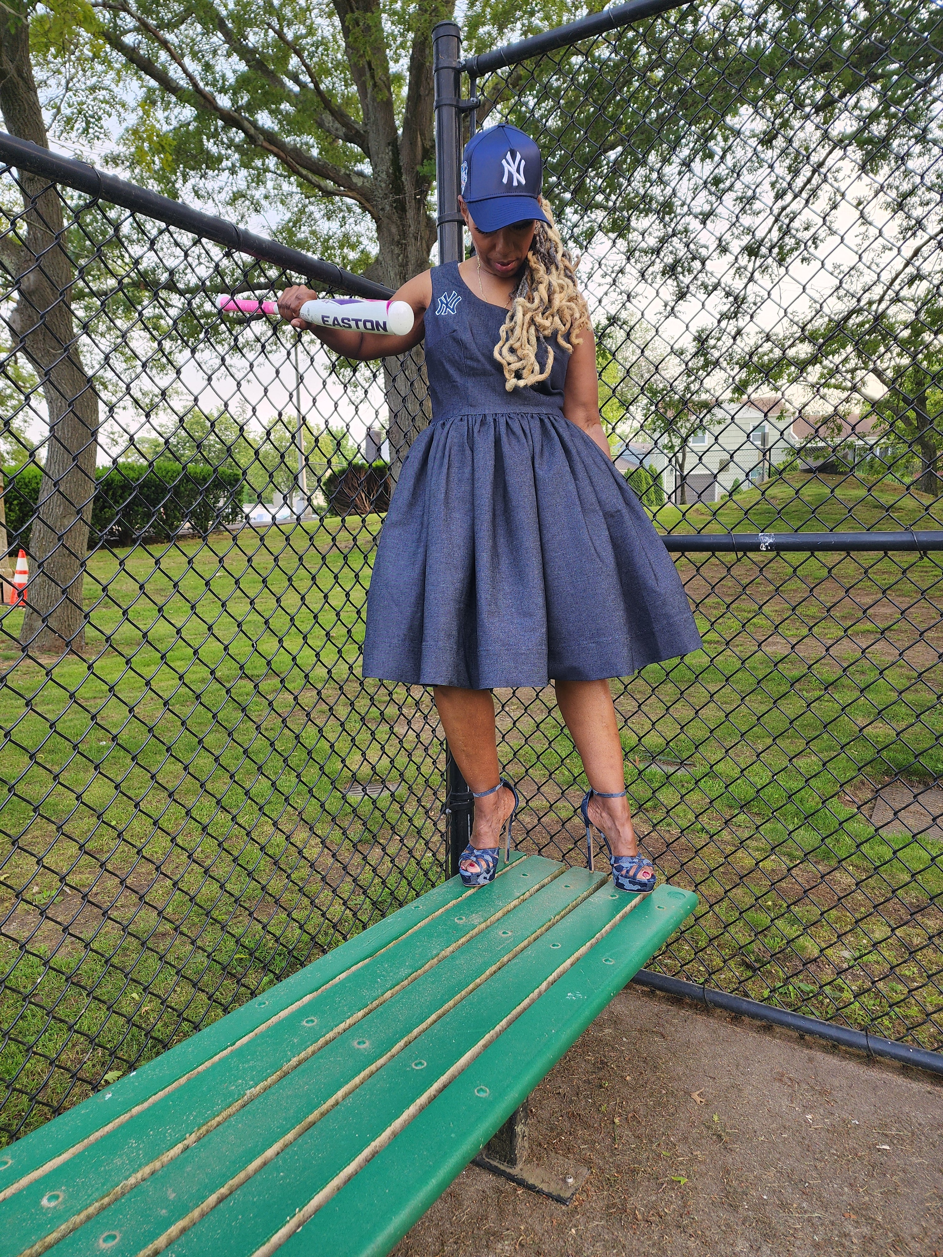 NY Yankee Denim Sleeveless Skater Dress, Modest Church Dress Bust 43-45 Waist 36-38 / NY Yankee NY Yankee Denim Sleeveless Skater Dress, Modest Church Dress Bust 43-45 Waist 36-38 / NY Yankee
