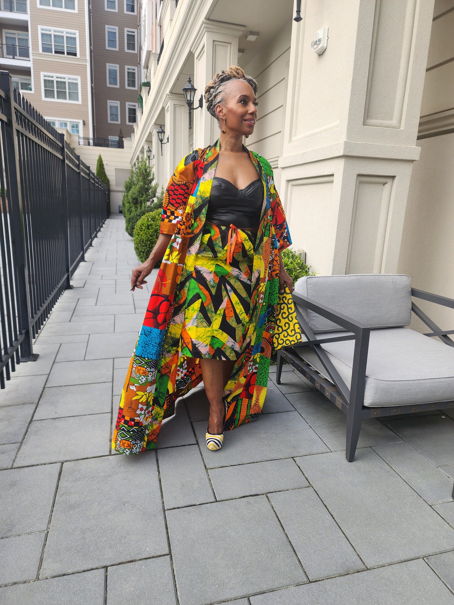 Harusi Kimono, Floor Length Green Orange Multi Color Patchwork  Print Mix Print Kimono, African Outfits for Women
