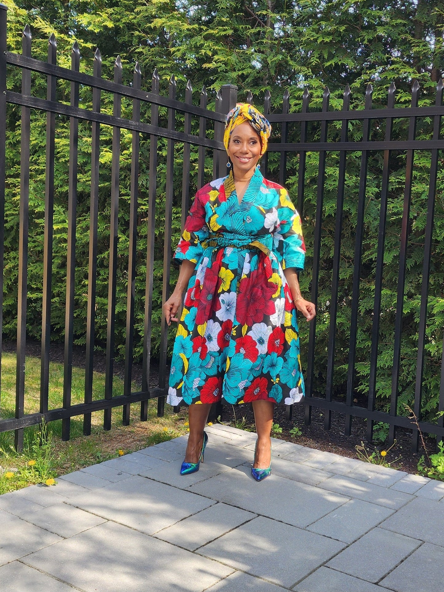 Harusi Kimono  | Black n Yellow Floral Mid Length African Print Kimono with belt | Floral Mid-Length Kimono | African Clothing for Women