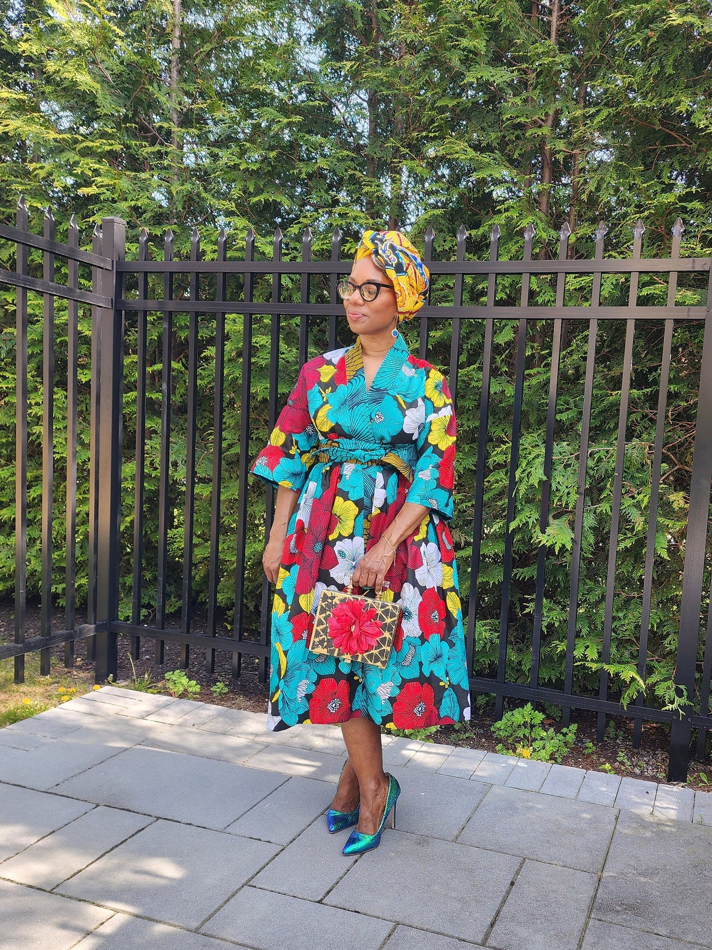 Harusi Kimono  | Black n Yellow Floral Mid Length African Print Kimono with belt | Floral Mid-Length Kimono | African Clothing for Women