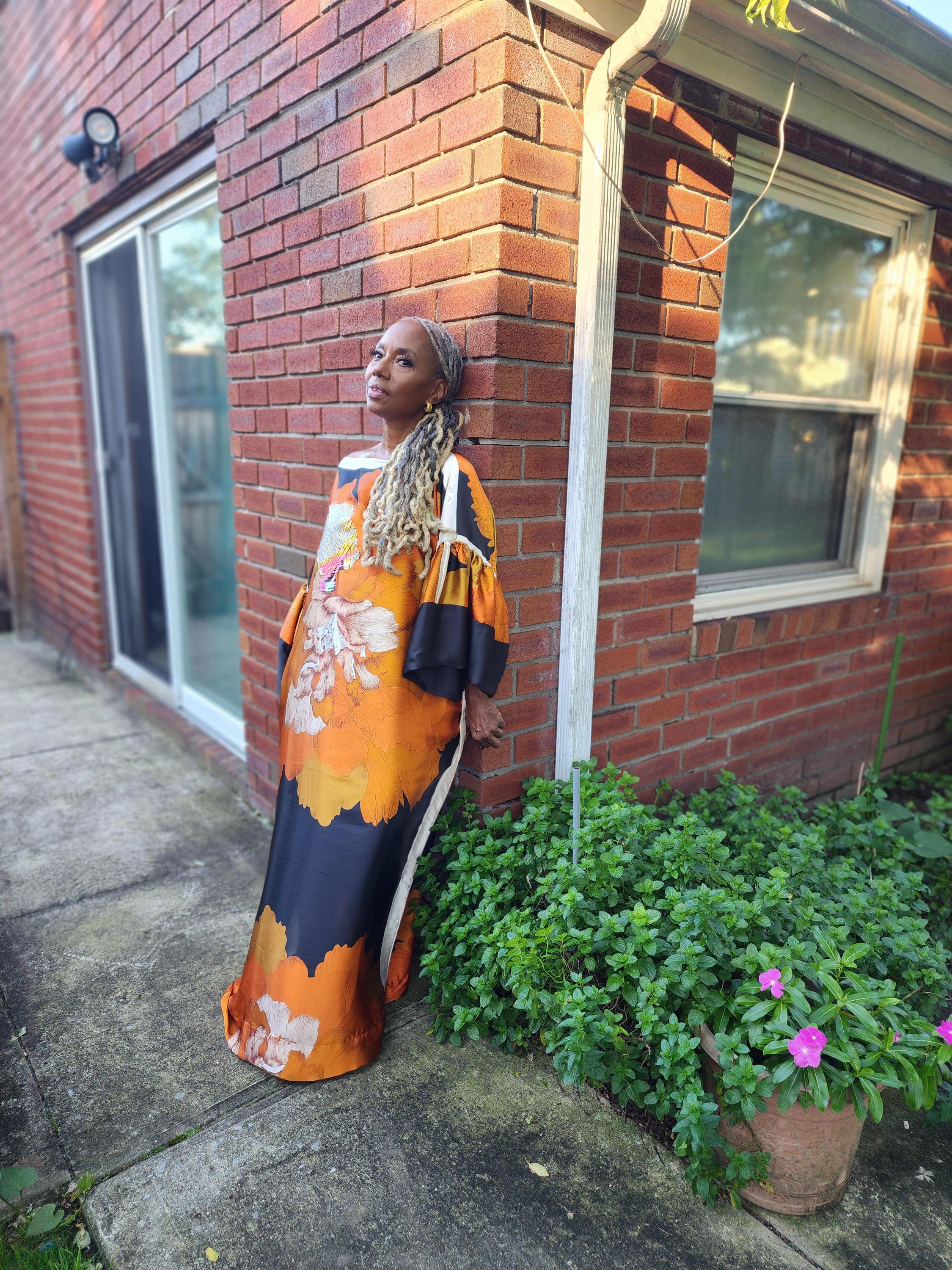 Sequin LiiLiiGiirl Kaftan Dress: Black, Gold, Orange Floral One Size Kaftan Dress Sequin LiiLiiGiirl Kaftan Dress: Black, Gold, Orange Floral One Size Kaftan Dress