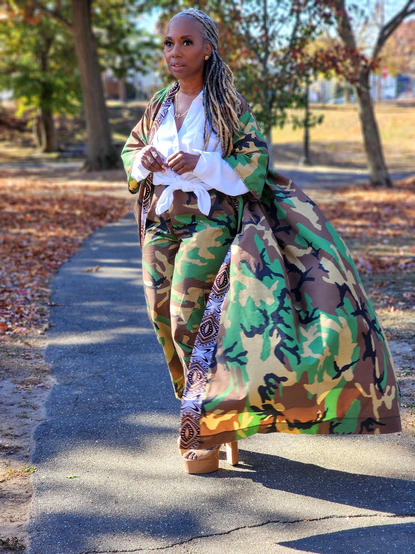 Harusi Camouflage Duster, Green Brown and Khaki Duster, Elegant Kimono Jacket