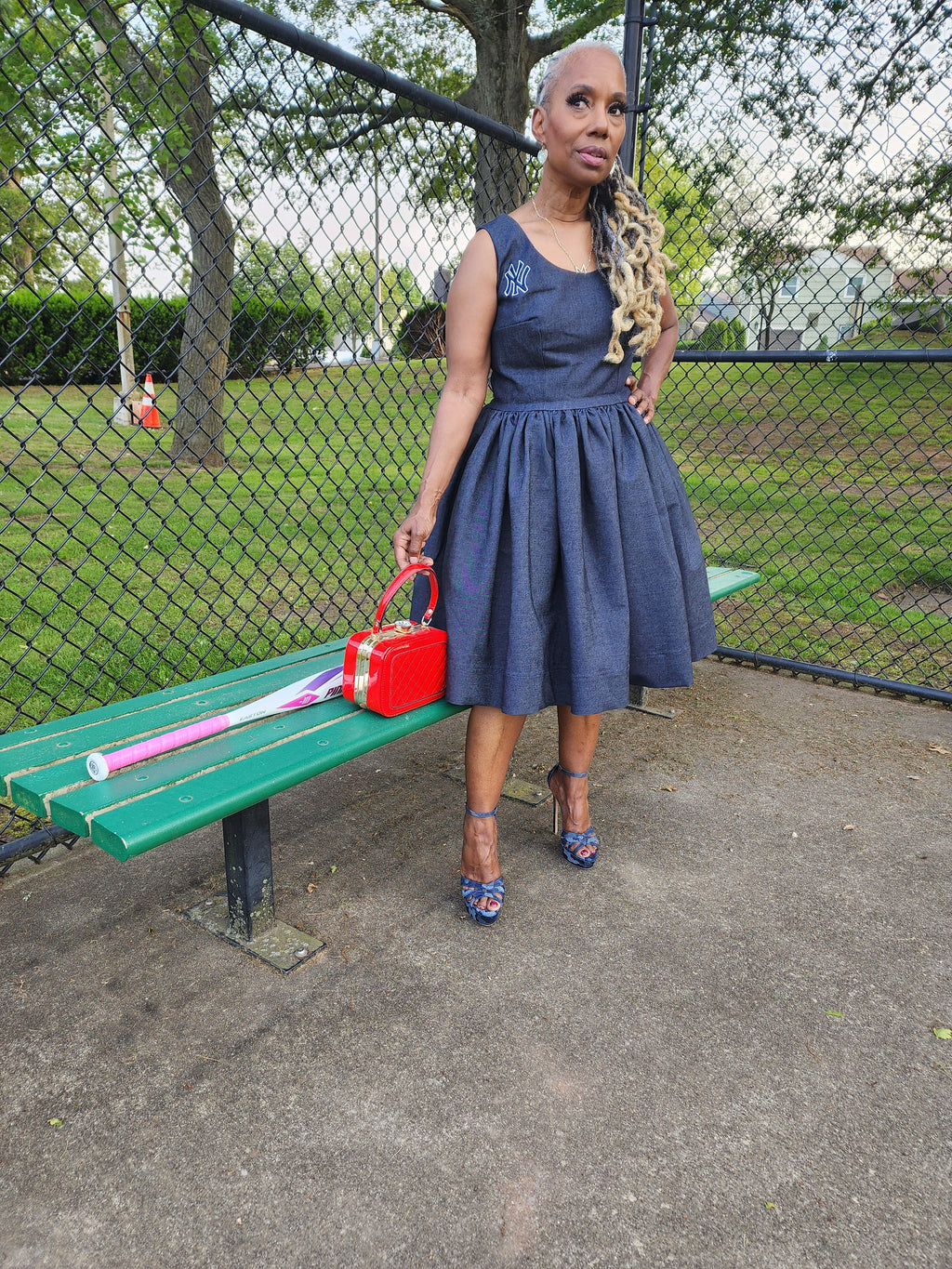 NY Yankee Denim Sleeveless  Skater Dress, Modest Church Dress