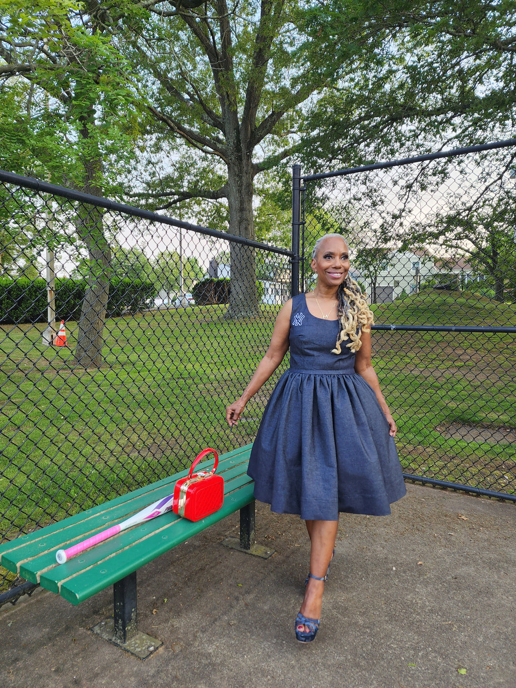 NY Yankee Denim Sleeveless  Skater Dress, Modest Church Dress