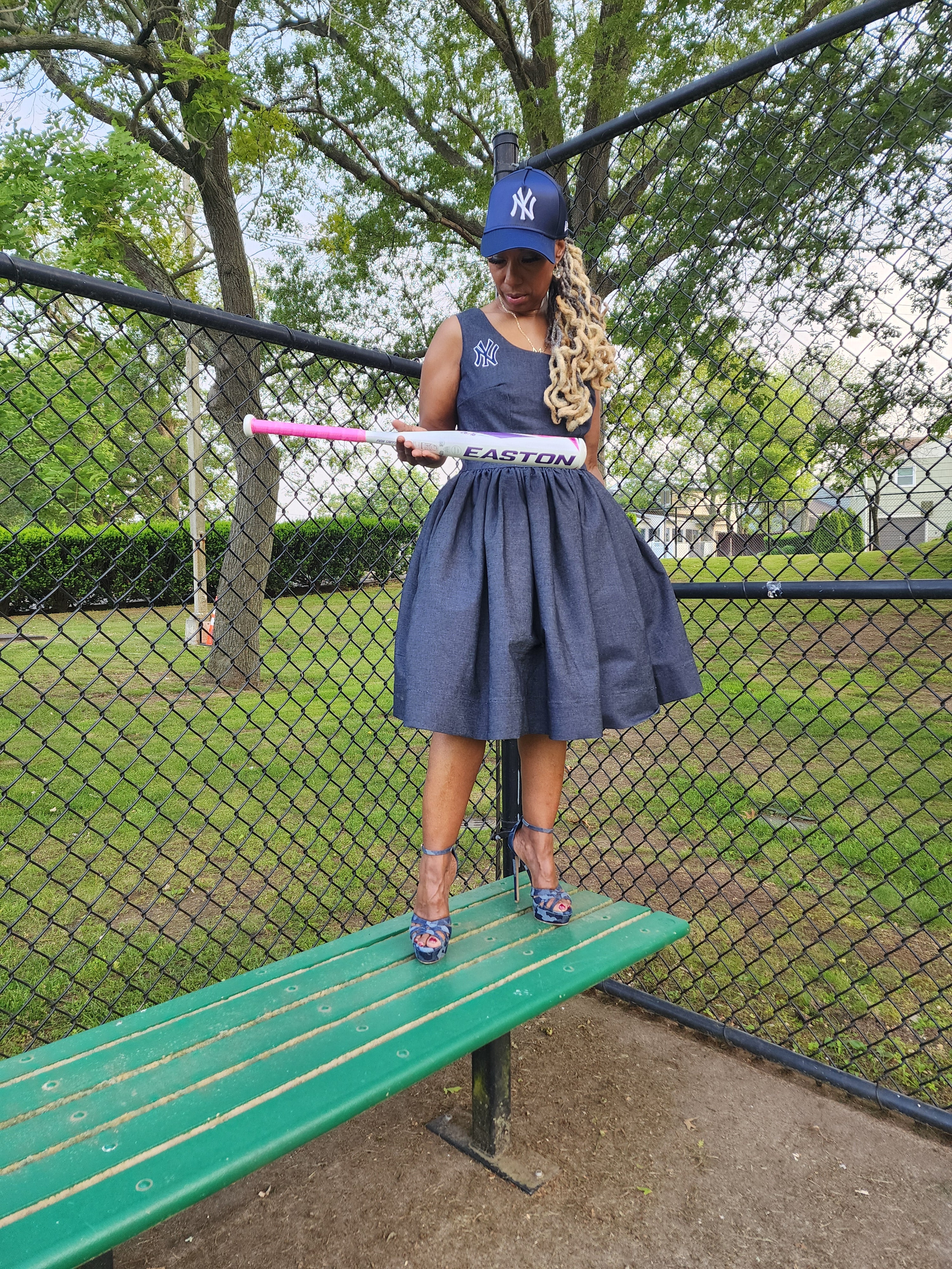 NY Yankee Denim Sleeveless Skater Dress, Modest Church Dress Bust 43-45 Waist 36-38 / NY Yankee NY Yankee Denim Sleeveless Skater Dress, Modest Church Dress Bust 43-45 Waist 36-38 / NY Yankee