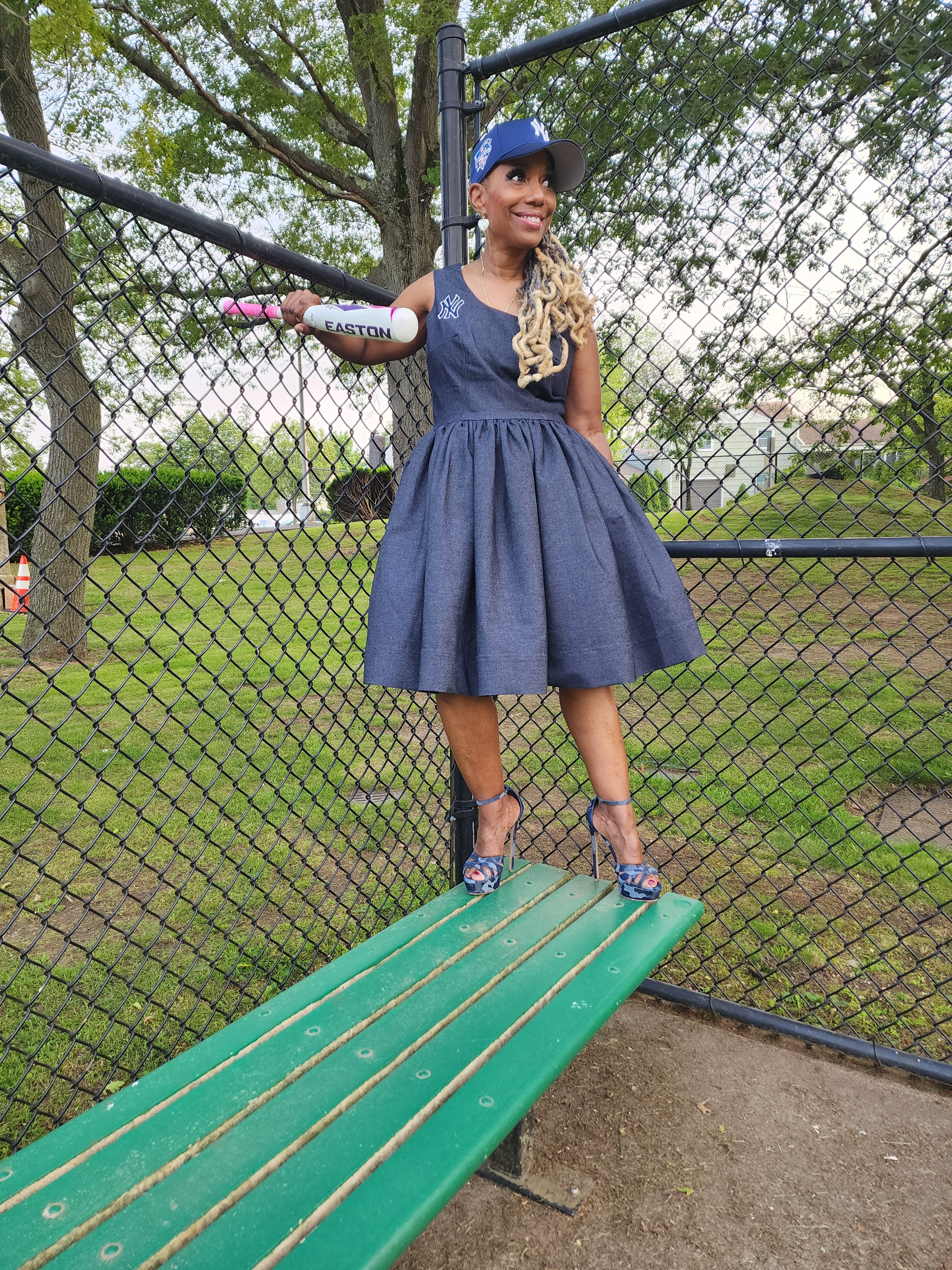 NY Yankee Denim Sleeveless Skater Dress, Modest Church Dress Bust 43-45 Waist 36-38 / NY Yankee NY Yankee Denim Sleeveless Skater Dress, Modest Church Dress Bust 43-45 Waist 36-38 / NY Yankee