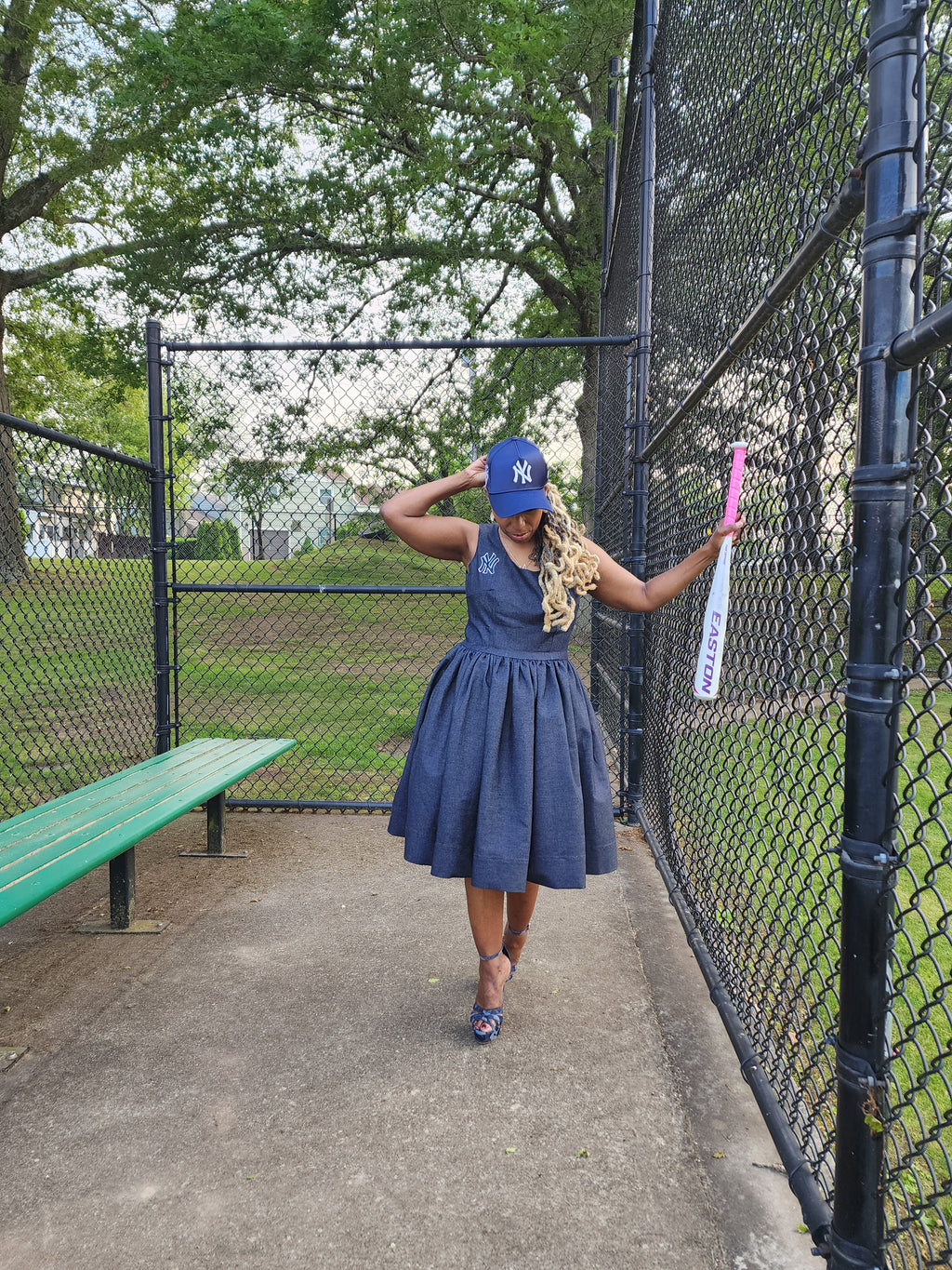 NY Yankee Denim Sleeveless Skater Dress, Modest Church Dress BUST 43-45 WAIST 36-38 / NY Yankee
