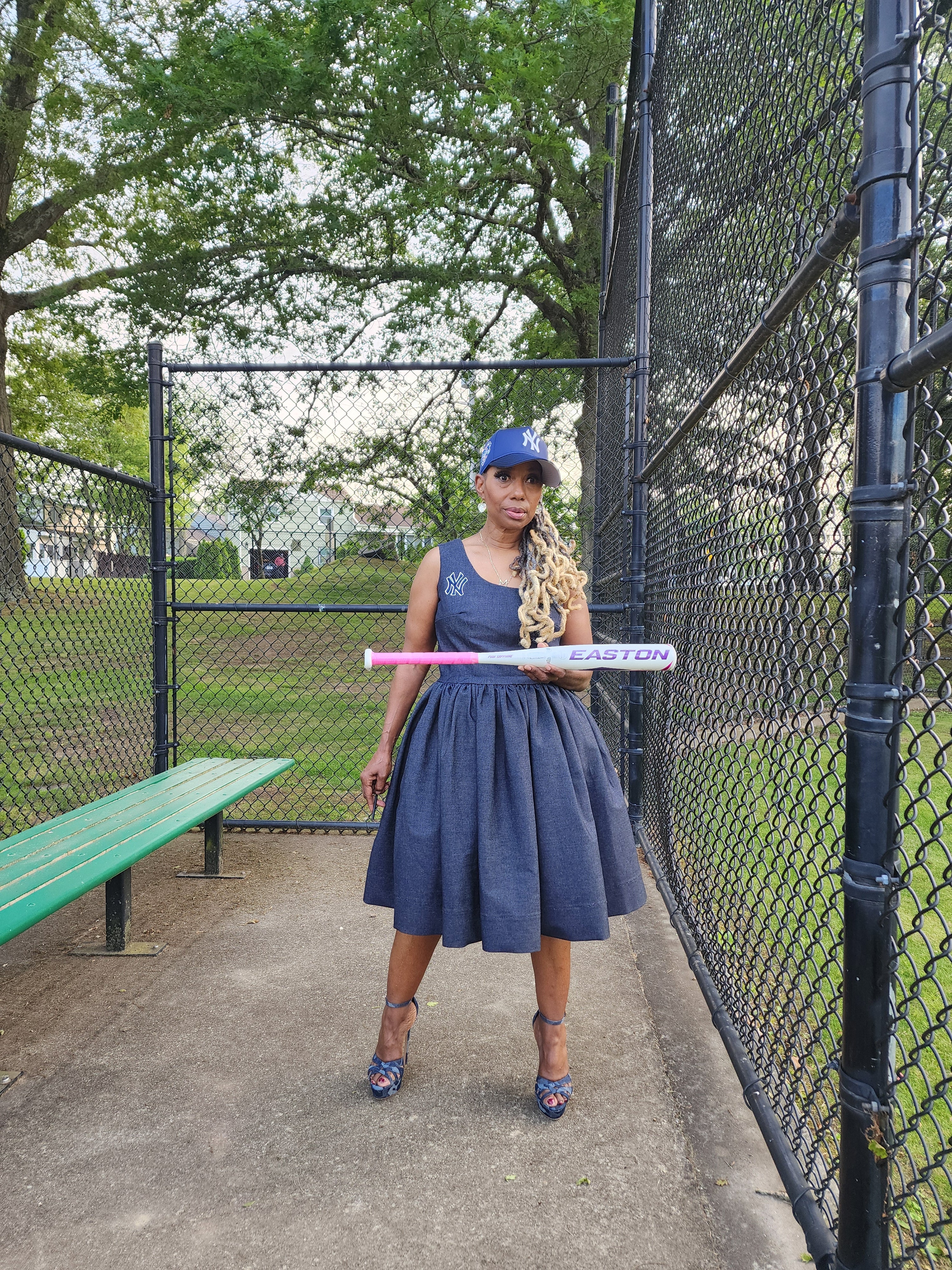 NY Yankee Denim Sleeveless Skater Dress, Modest Church Dress Bust 43-45 Waist 36-38 / NY Yankee NY Yankee Denim Sleeveless Skater Dress, Modest Church Dress Bust 43-45 Waist 36-38 / NY Yankee