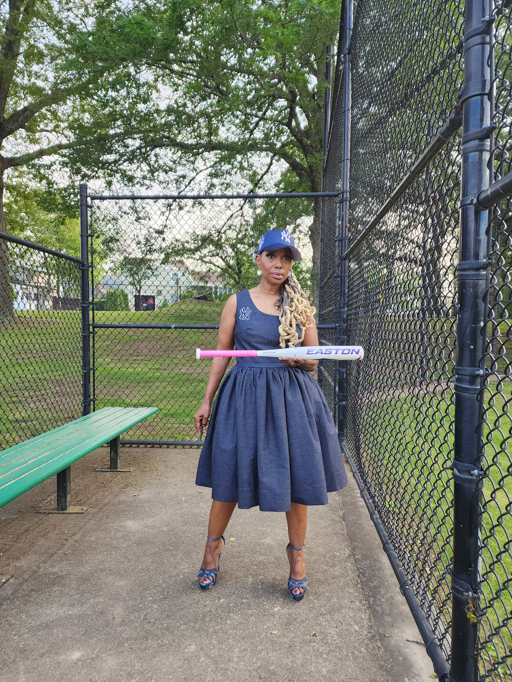 NY Yankee Denim Sleeveless  Skater Dress, Modest Church Dress