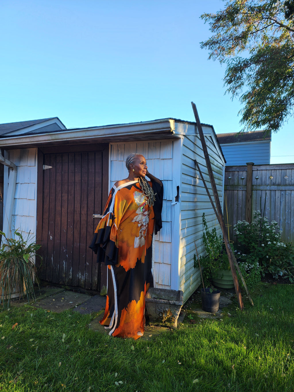 Sequin LiiLiiGiirl Kaftan Dress: Black, Gold, Orange Floral One Size Kaftan Dress