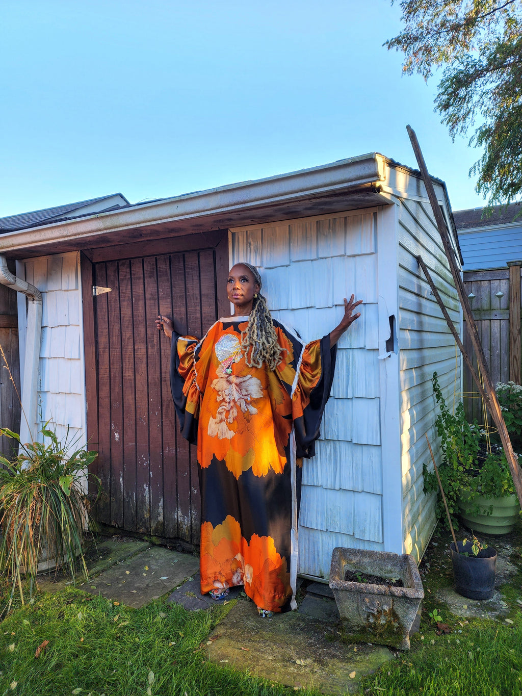 Sequin LiiLiiGiirl Kaftan Dress: Black, Gold, Orange Floral One Size Kaftan Dress