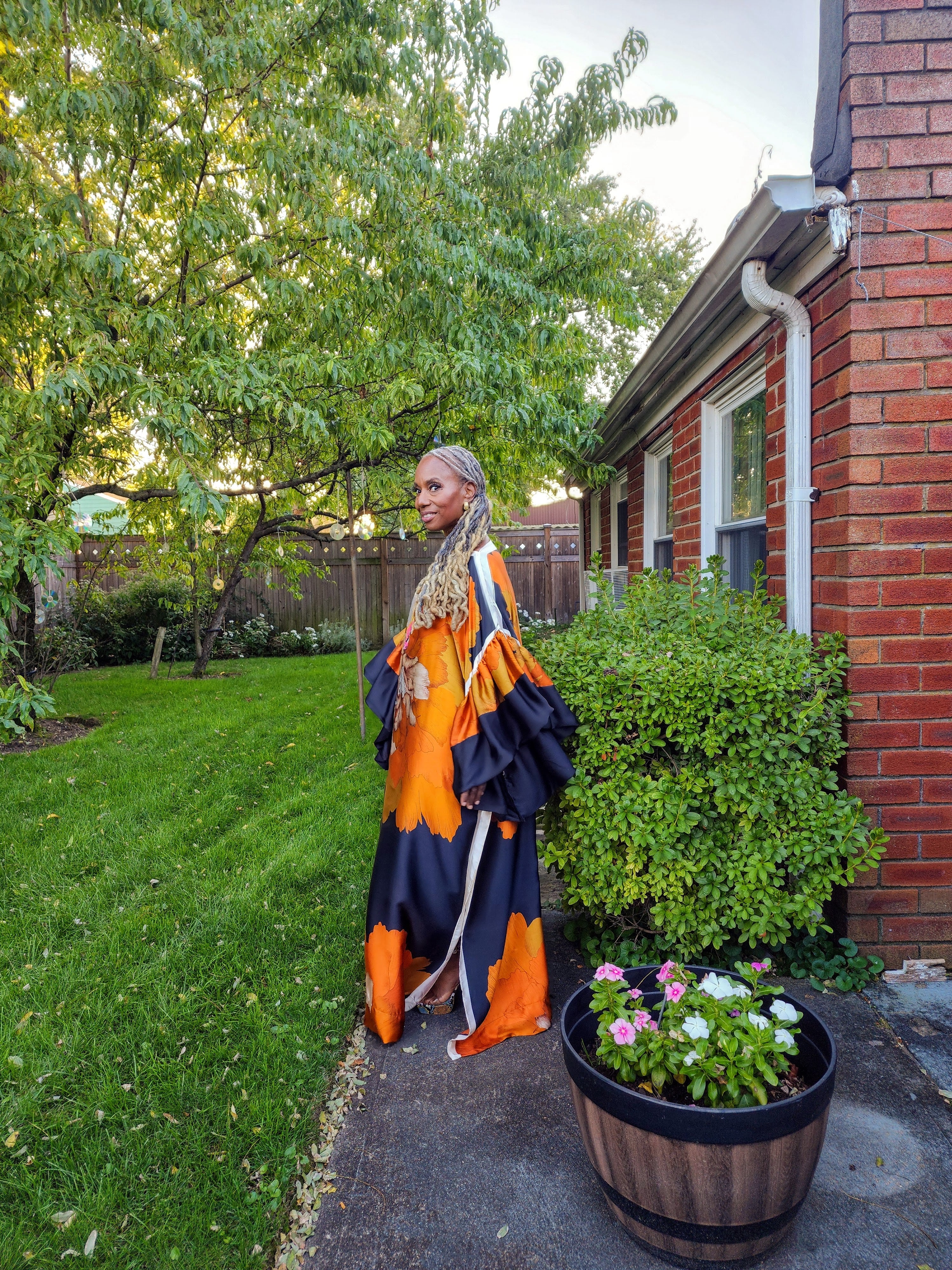 Sequin LiiLiiGiirl Kaftan Dress: Black, Gold, Orange Floral One Size Kaftan Dress