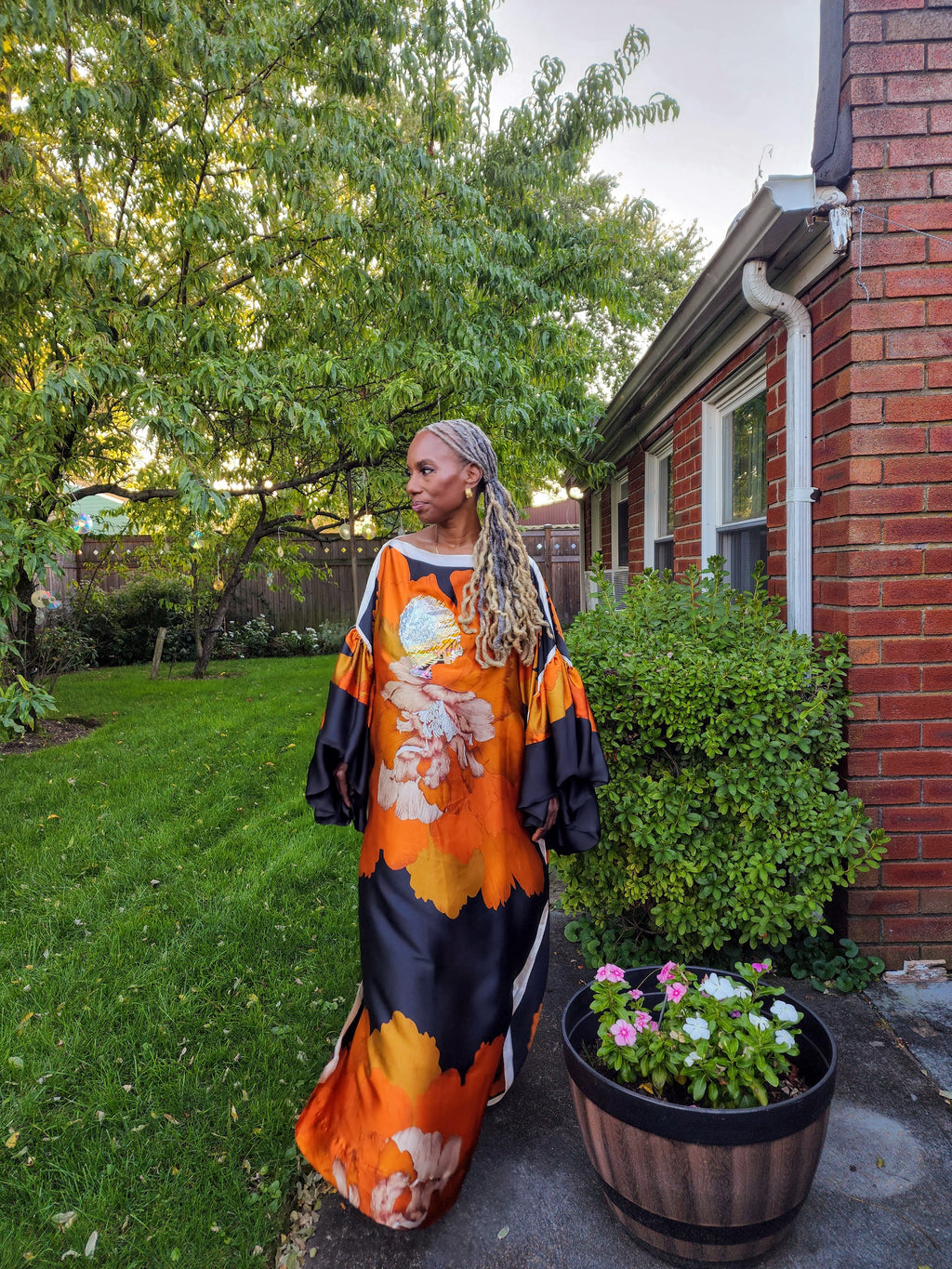 Sequin LiiLiiGiirl Kaftan Dress: Black, Gold, Orange Floral One Size Kaftan Dress