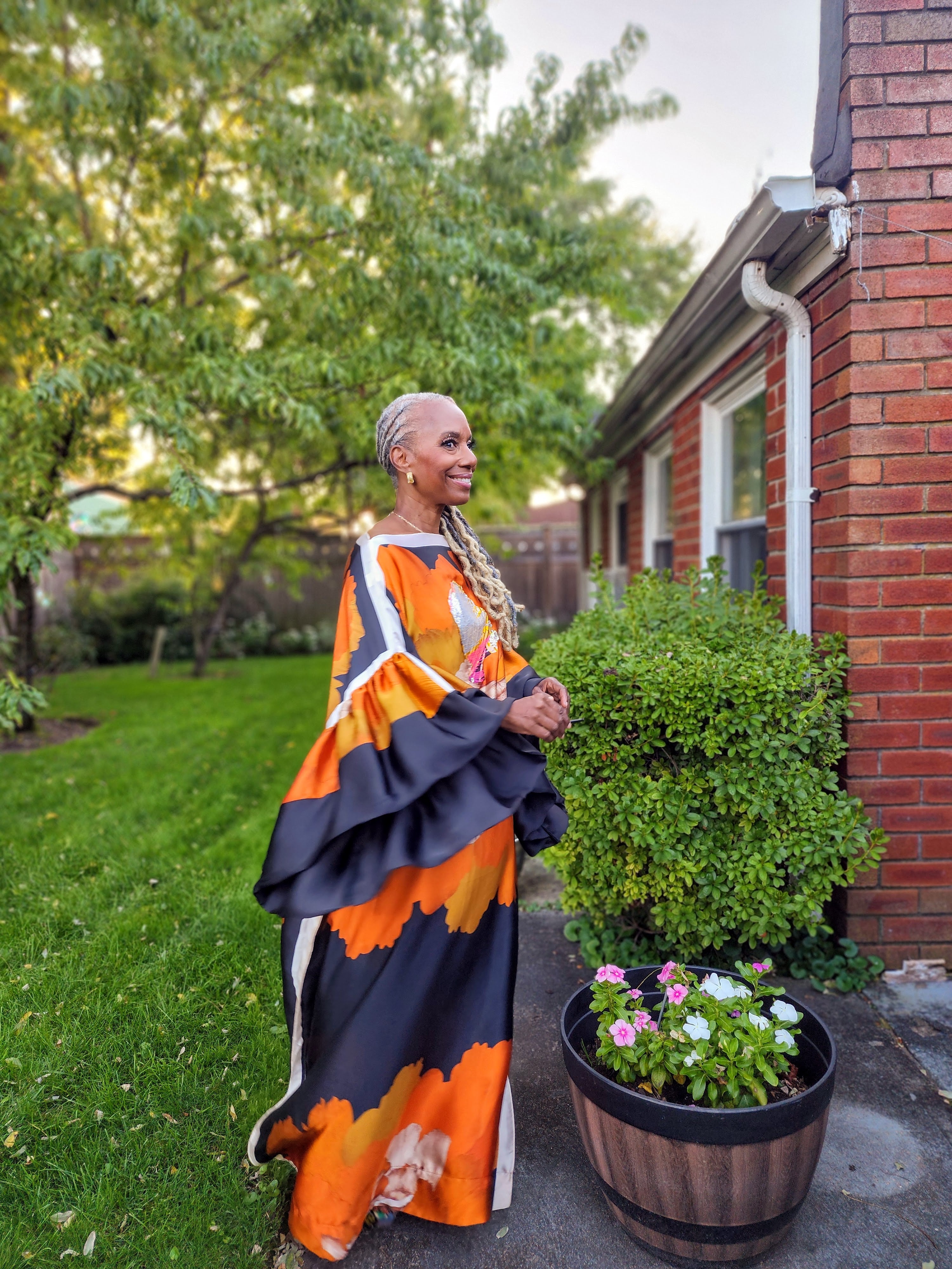 Sequin LiiLiiGiirl Kaftan Dress: Black, Gold, Orange Floral One Size Kaftan Dress