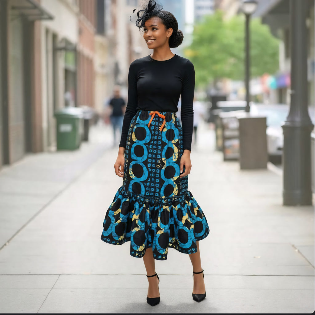 Kike Trumpet Handmade Ankara Cotton Skirt: African Print Drawstring Plus Size