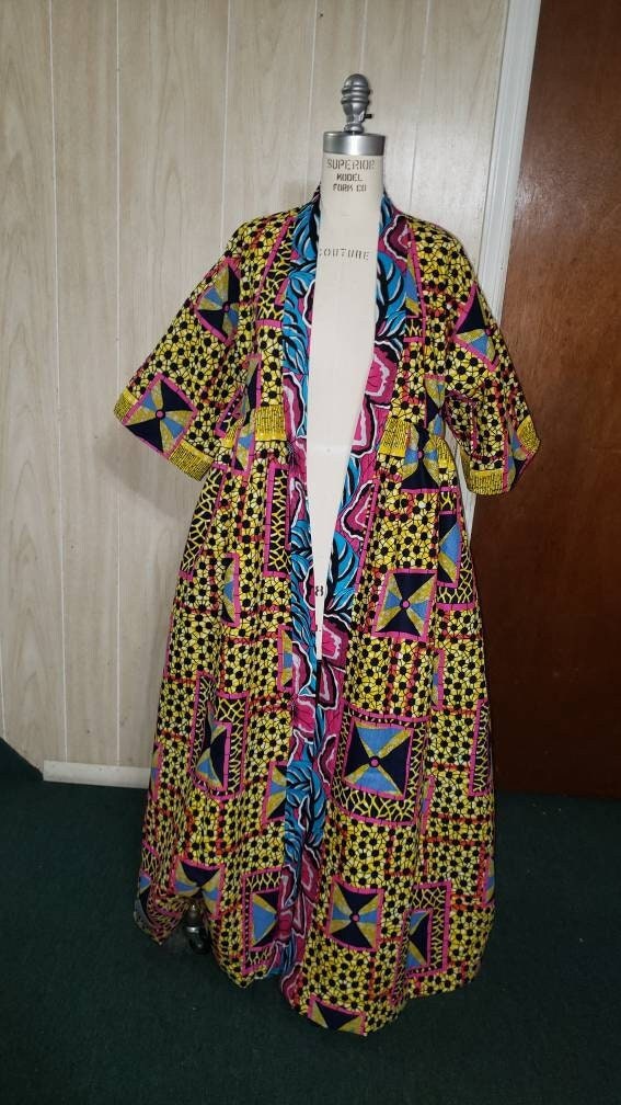African Print Kimono Duster | Colorful Mix Print Robe, 3/4 Sleeve