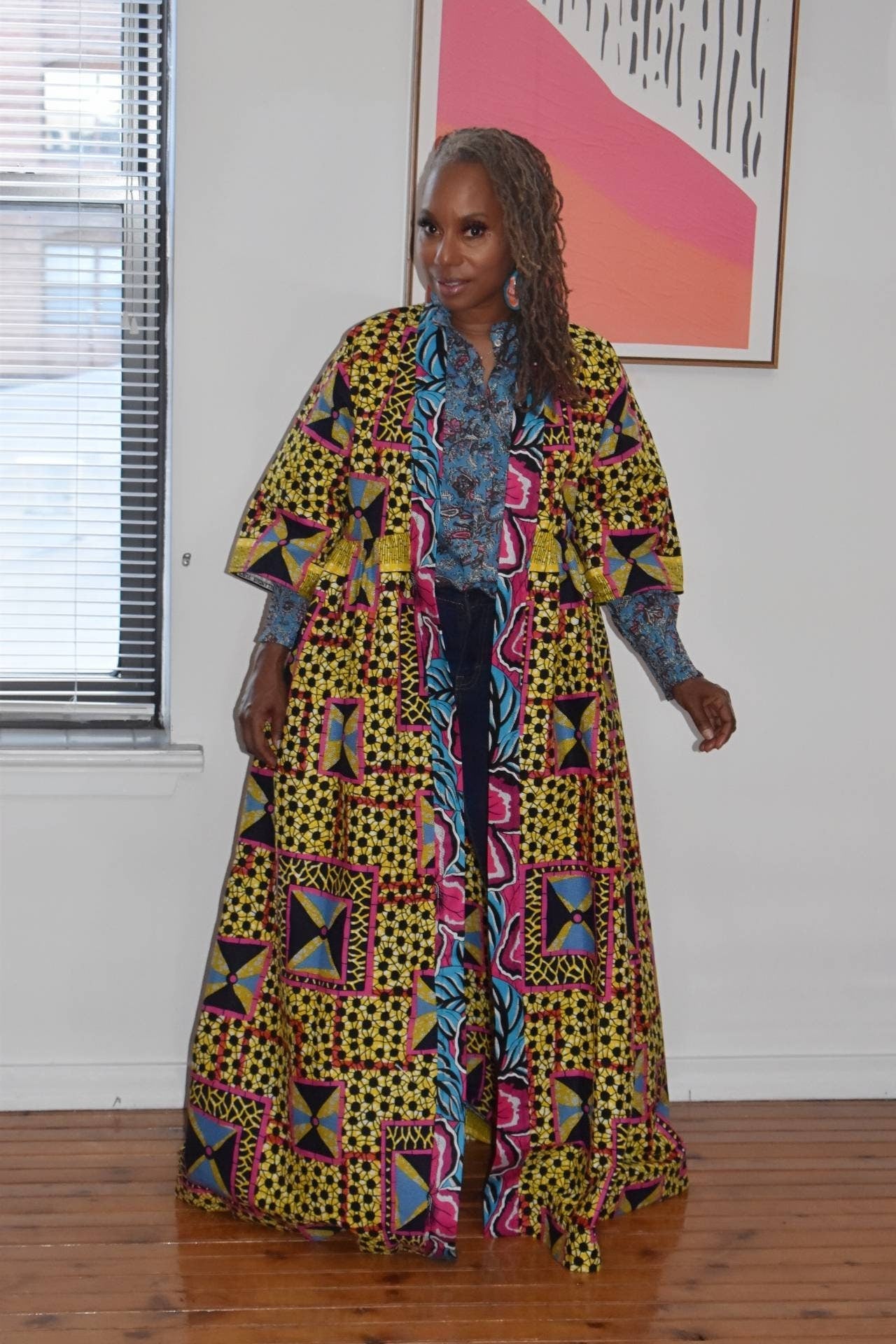 African Print Kimono Duster | Colorful Mix Print Robe, 3/4 Sleeve