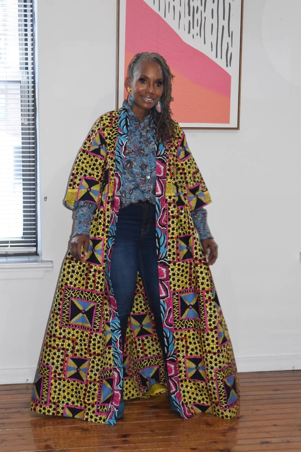 African Print Kimono Duster | Colorful Mix Print Robe, 3/4 Sleeve