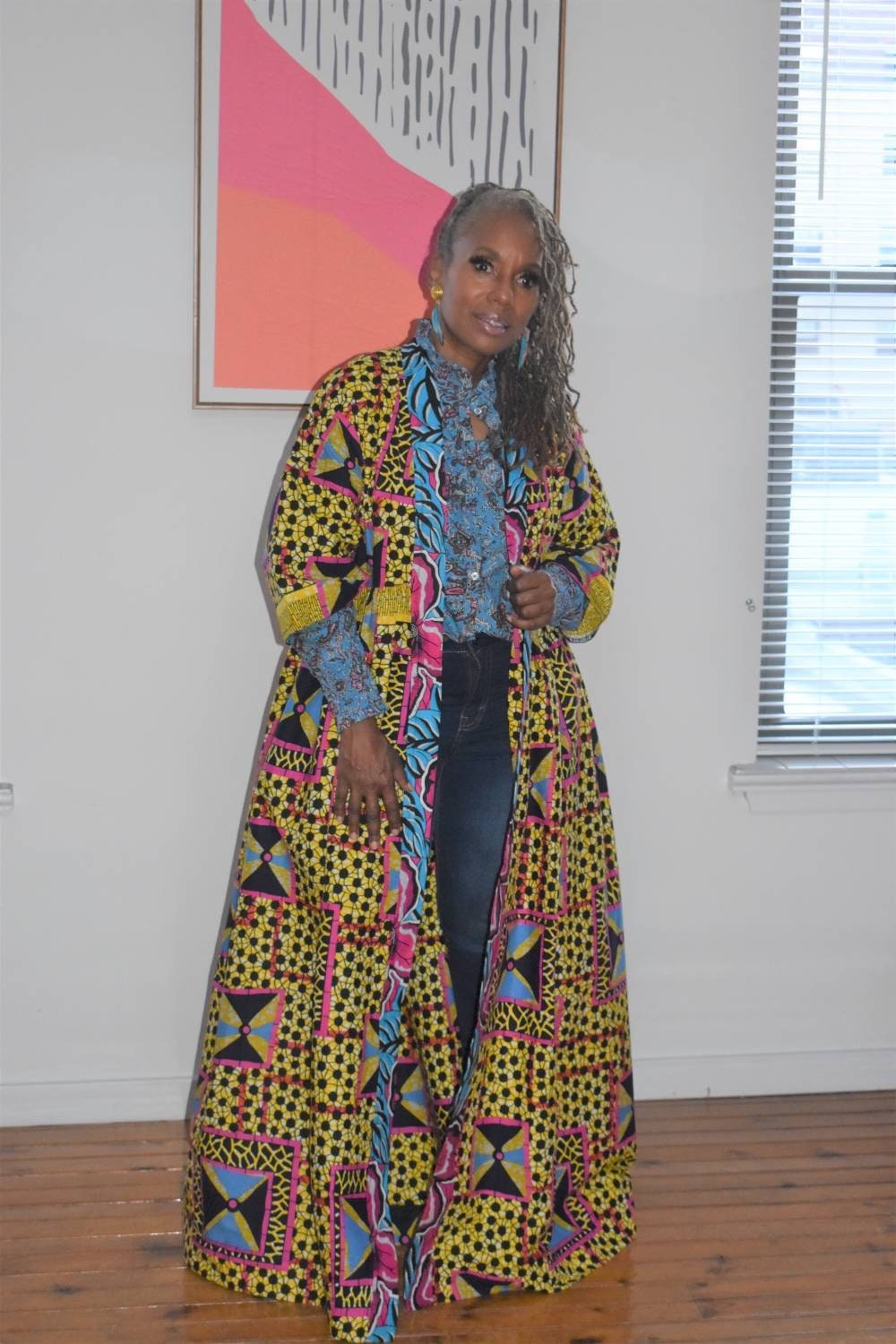 African Print Kimono Duster | Colorful Mix Print Robe, 3/4 Sleeve