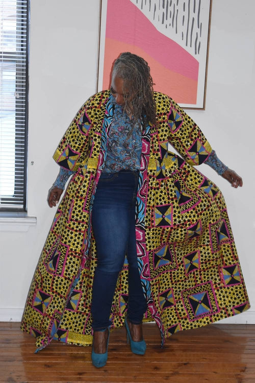African Print Kimono Duster | Colorful Mix Print Robe, 3/4 Sleeve