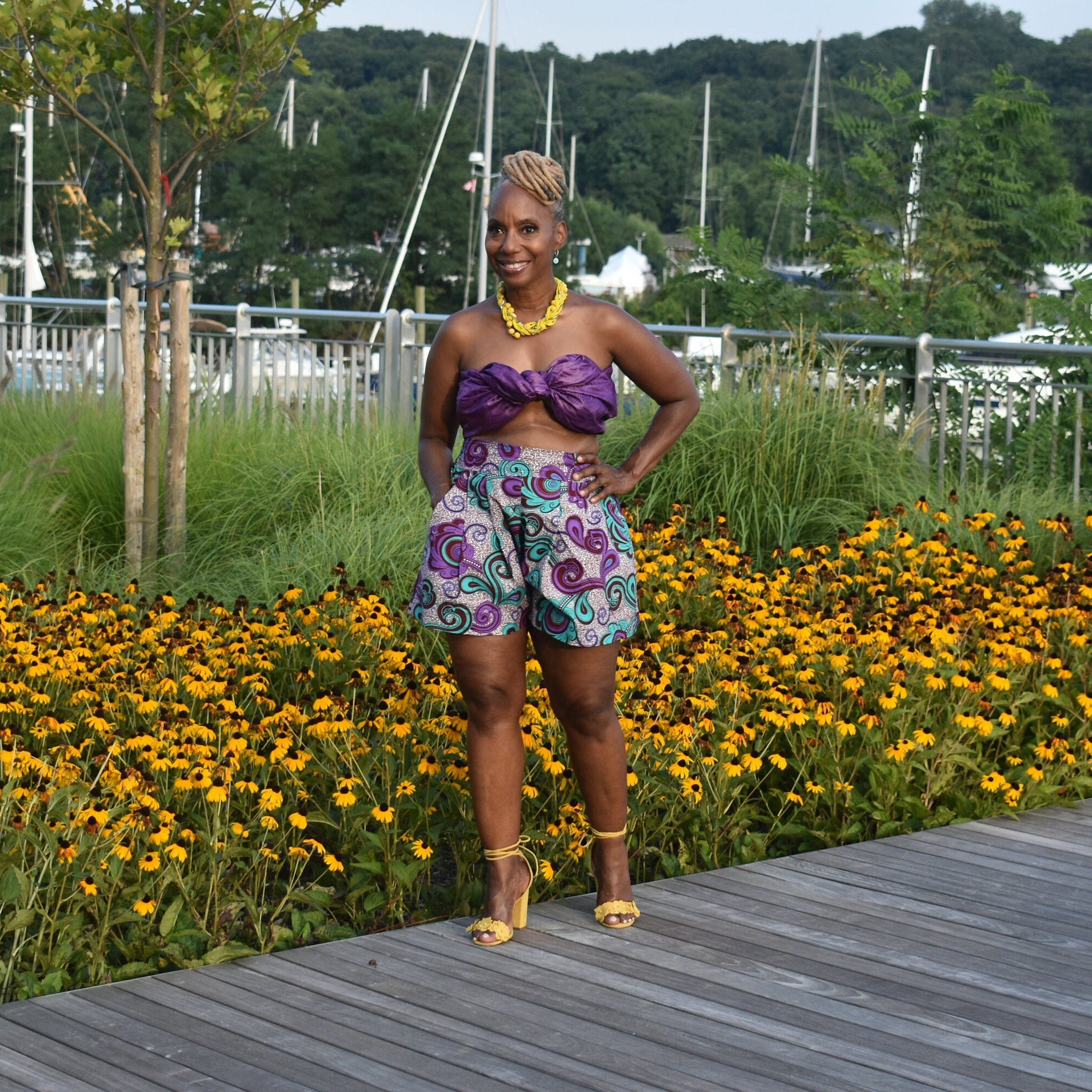 The Ursula Shorts | Wide leg pleated Shorts | African Print Wide Leg Shorts | Plus Size Shorts | Purple Aqua Floral Shorts