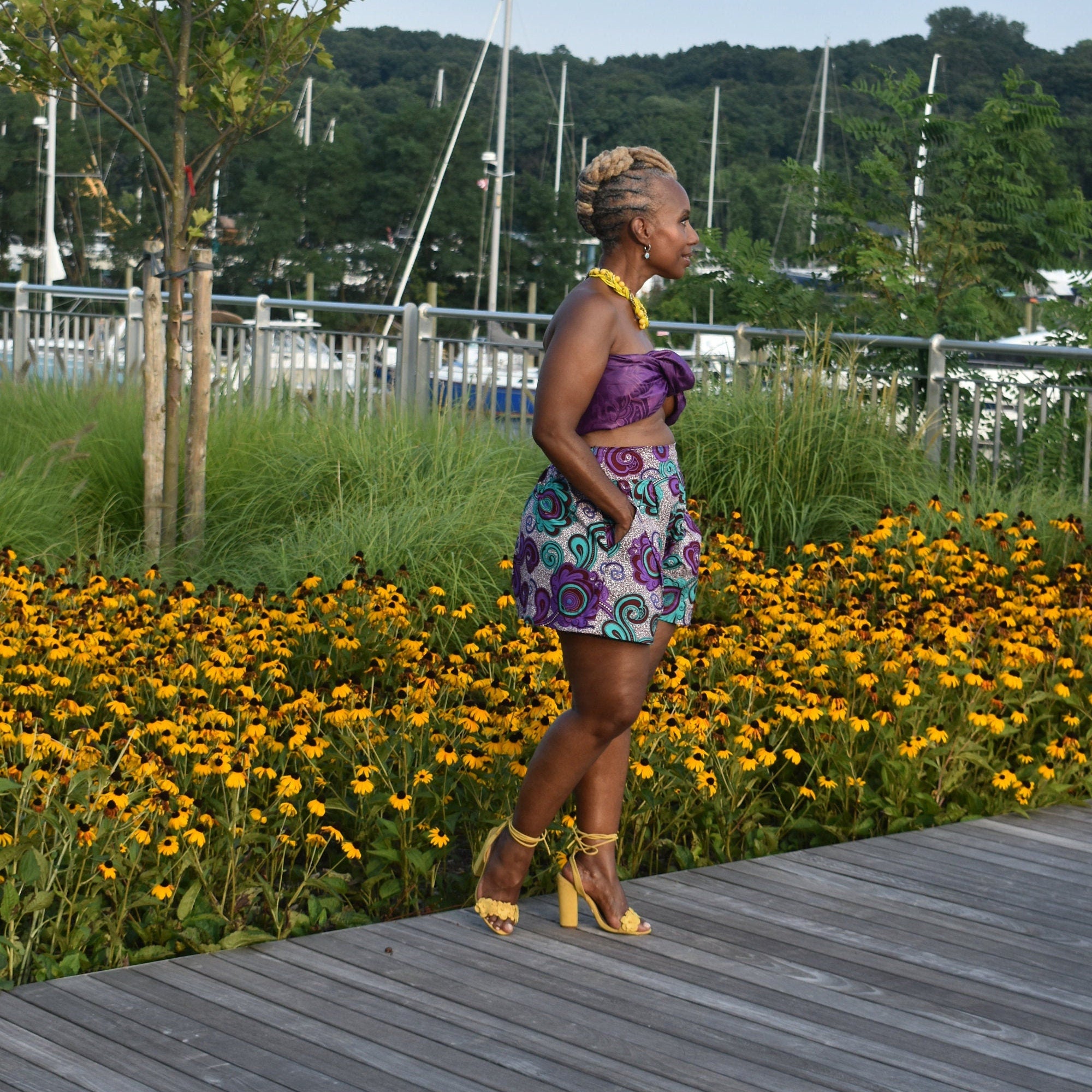 The Ursula Shorts | Wide leg pleated Shorts | African Print Wide Leg Shorts | Plus Size Shorts | Purple Aqua Floral Shorts