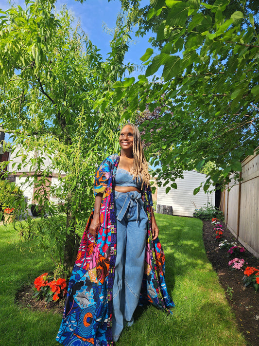 Harusi Kimono, Floor Length Blue Orange Multi Color Patchwork  Print Mix Print Kimono, African Outfits for Women