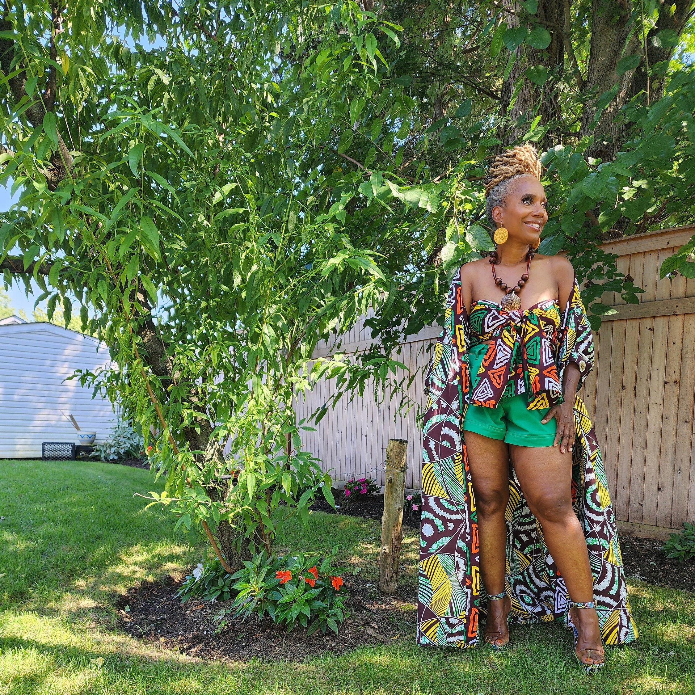 Harusi Kimono, Brown Yellow White Green Abstract Print African Kimono Midi Full-Length