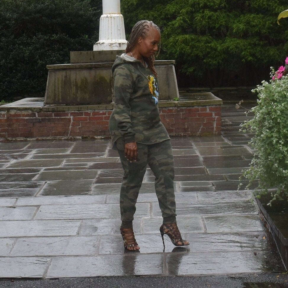 Camouflage Sweatsuit | Floral Afro Girl Hoodie, Fitted Joggers