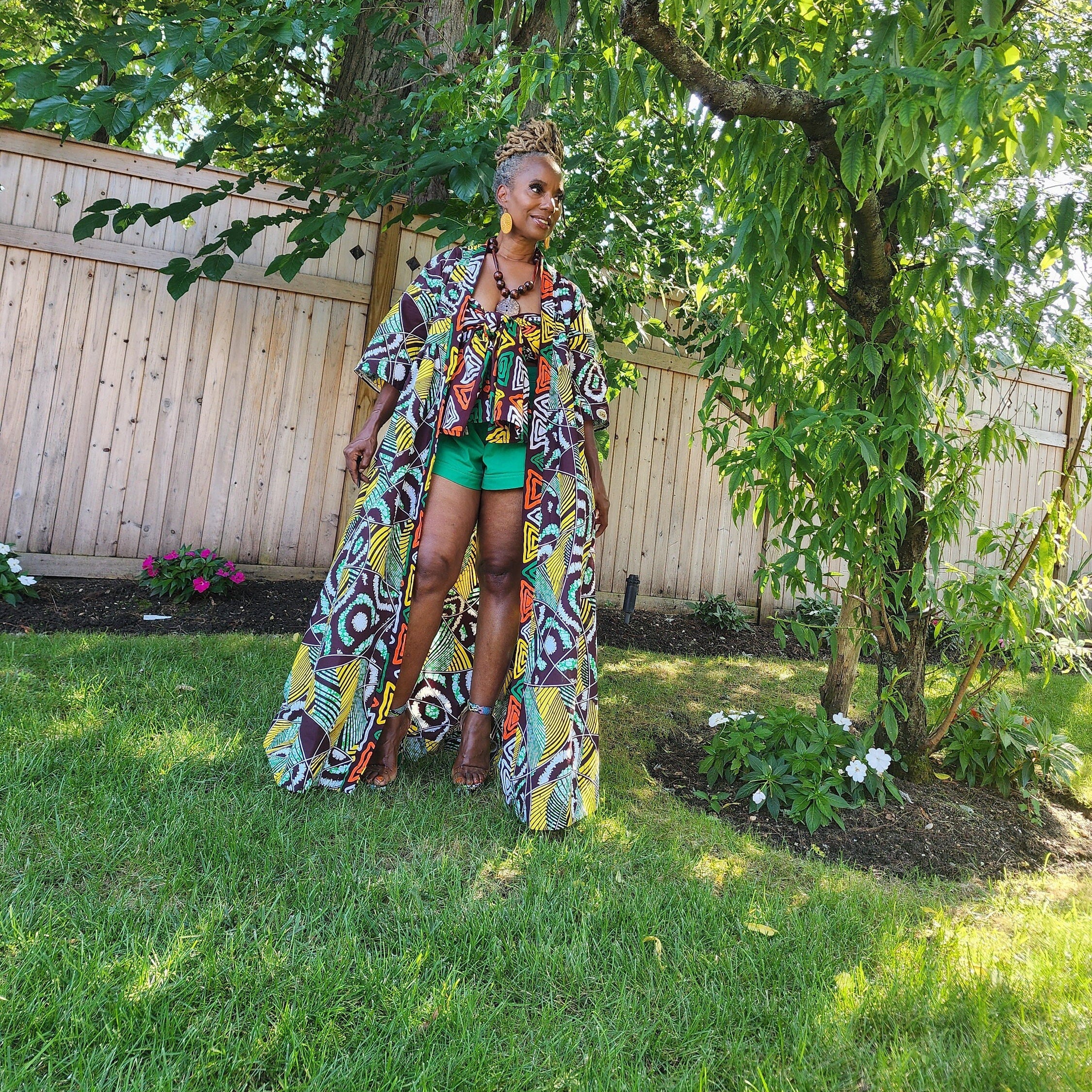 Harusi Kimono, Brown Yellow White Green Abstract Print African Kimono Midi Full-Length