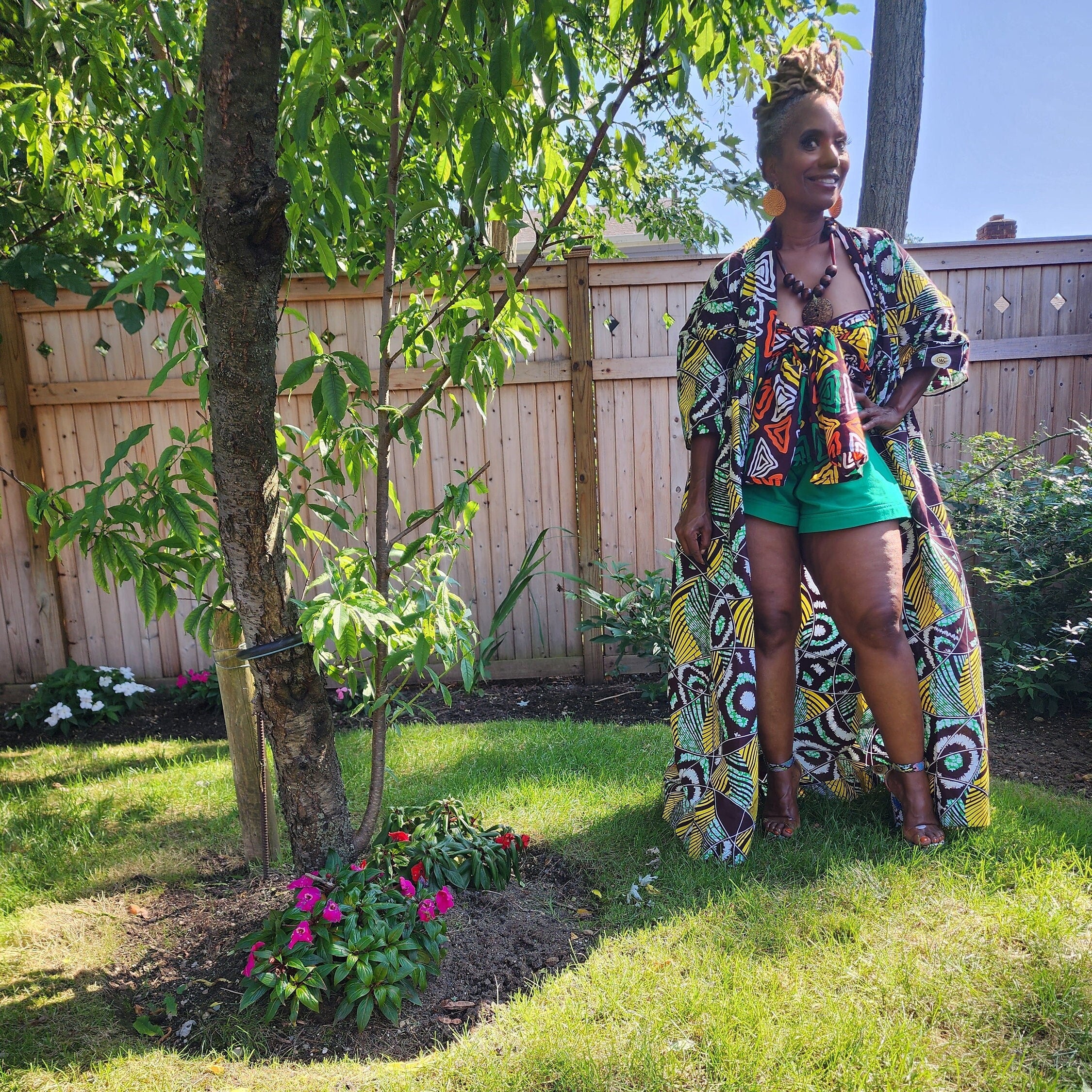 Harusi Kimono, Brown Yellow White Green Abstract Print African Kimono Midi Full-Length