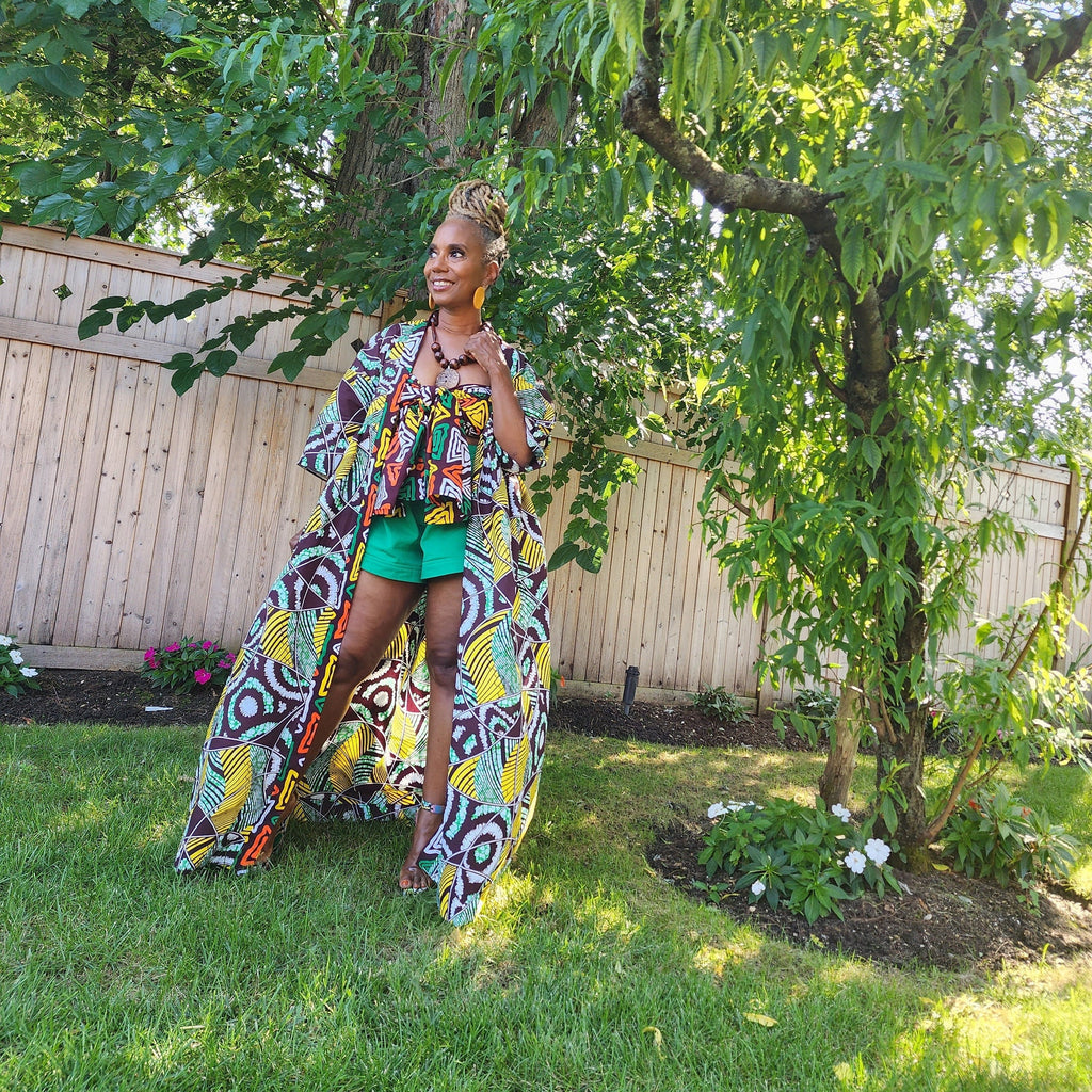 Harusi Kimono, Brown Yellow White Green Abstract Print African Kimono Midi Full-Length