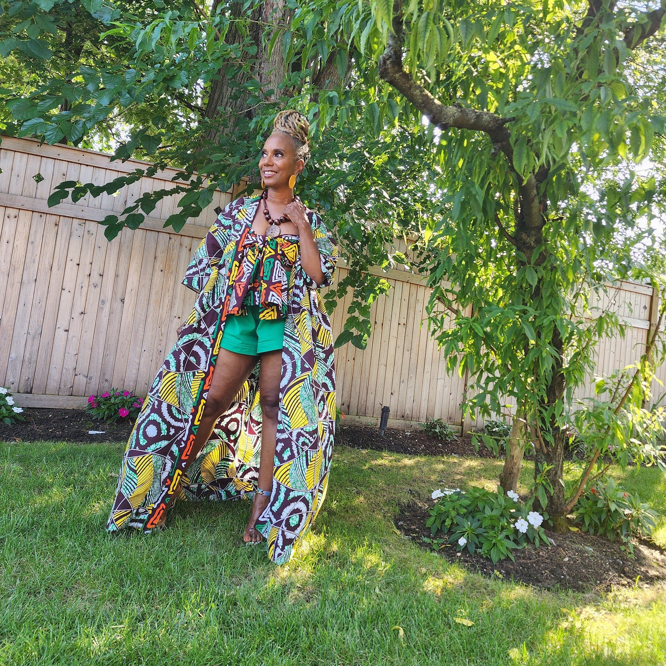 Harusi Kimono, Brown Yellow White Green Abstract Print African Kimono Midi Full-Length