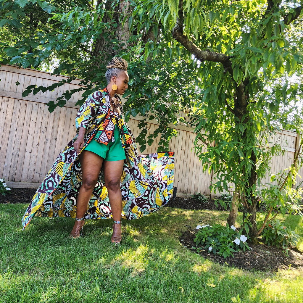 Harusi Kimono, Brown Yellow White Green Abstract Print African Kimono Midi Full-Length