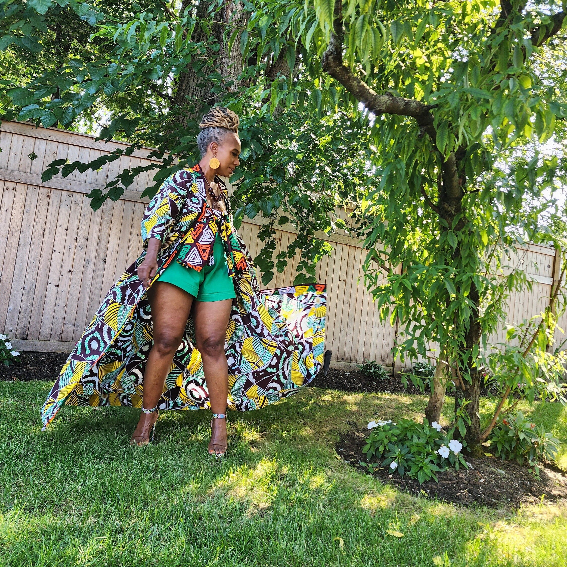 Harusi Kimono, Brown Yellow White Green Abstract Print African Kimono Midi Full-Length