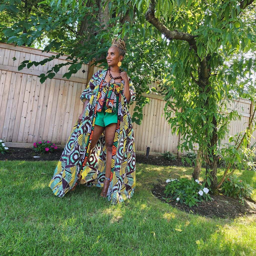 Harusi Kimono, Brown Yellow White Green Abstract Print African Kimono Midi Full-Length