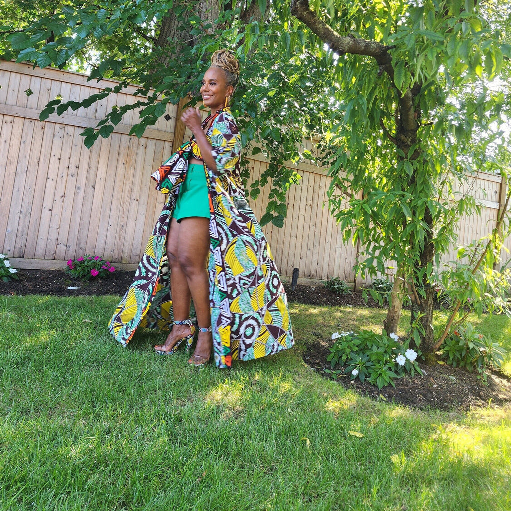 Harusi Kimono, Brown Yellow White Green Abstract Print African Kimono Midi Full-Length