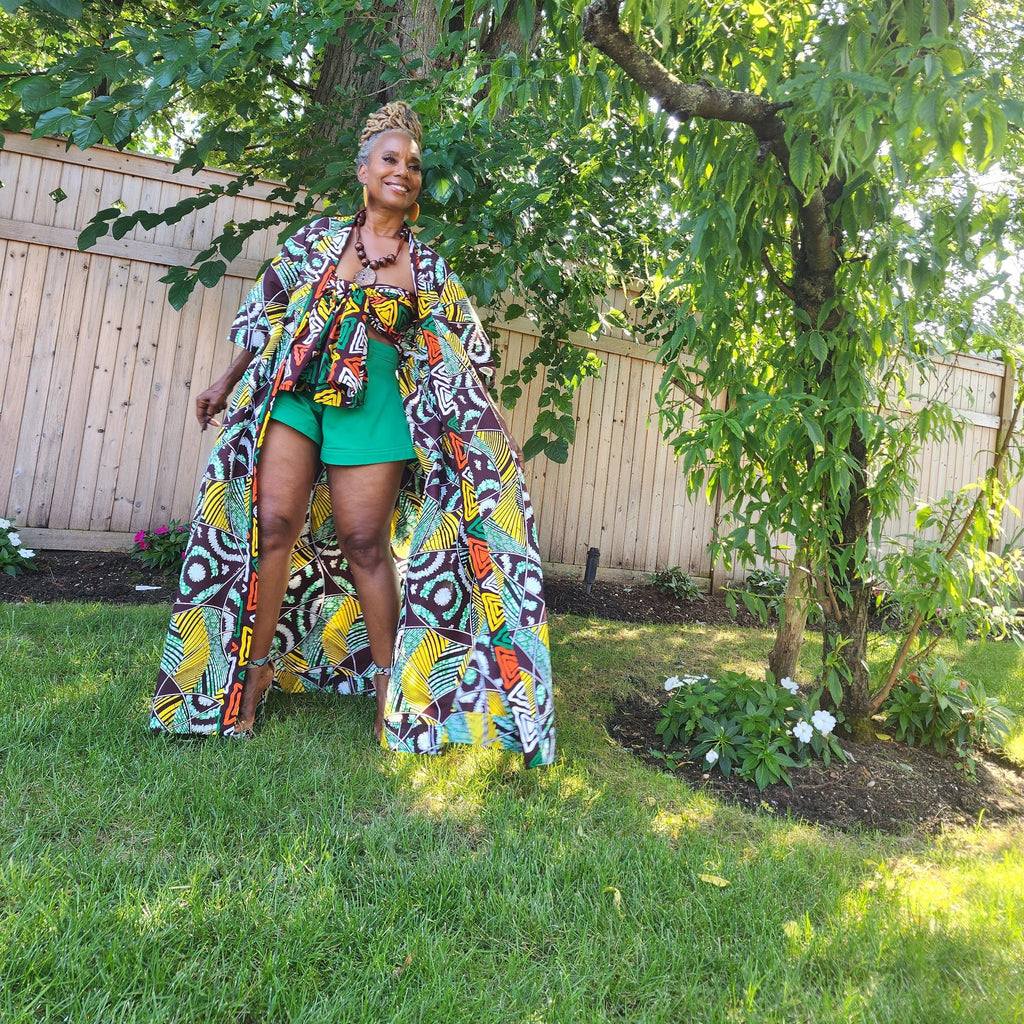 Harusi Kimono, Brown Yellow White Green Abstract Print African Kimono Midi Full-Length