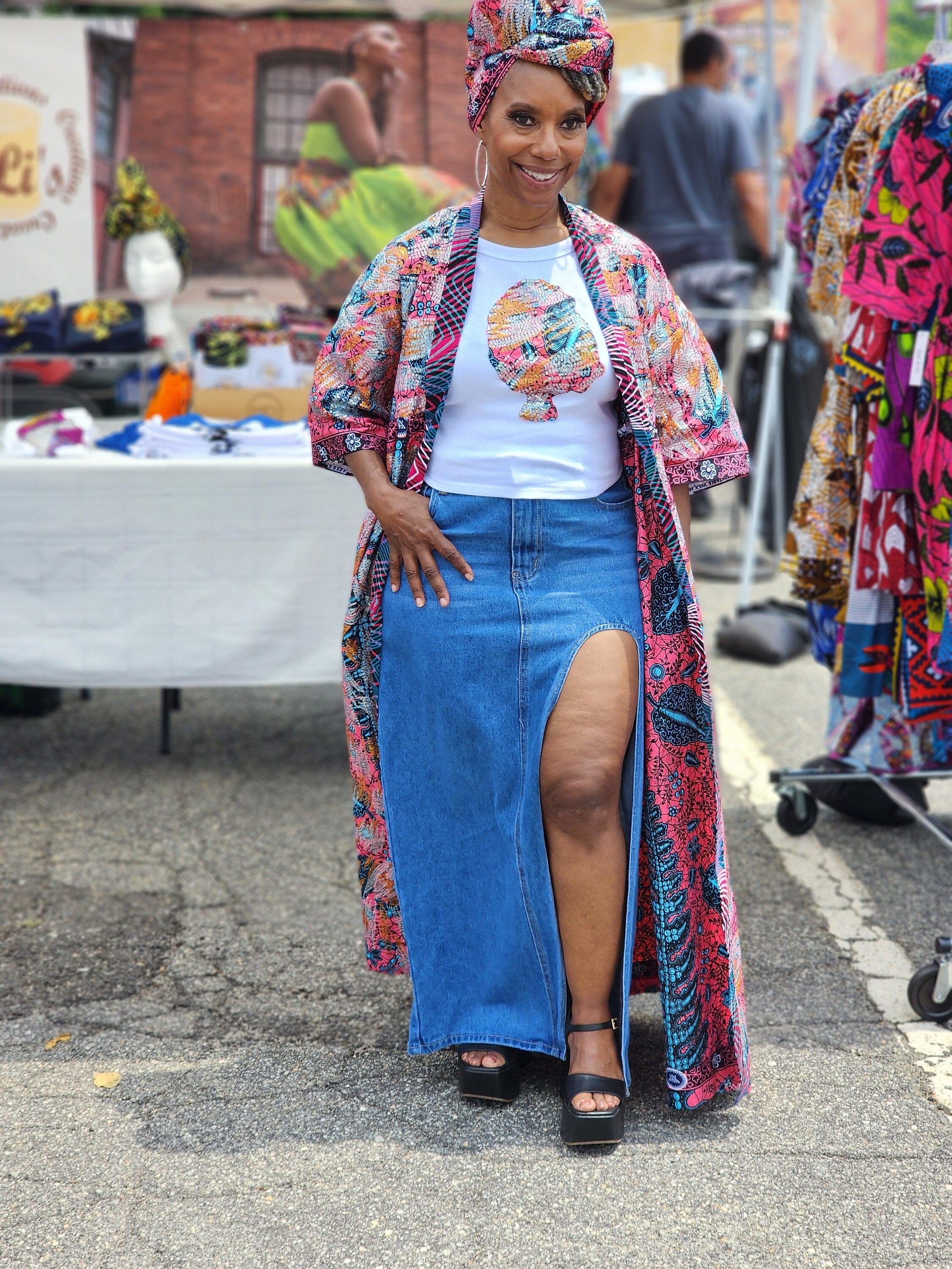 Sequin African Wax Print Head Wrap: Embroidered Cotton Scarf