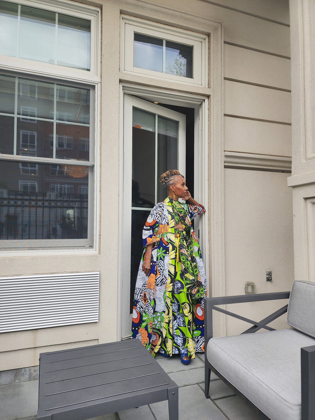 Harusi Kimono, Floor Length  Royal, White and Green Mixed Print Kimono, African Outfits for Women, African Dresses for Women