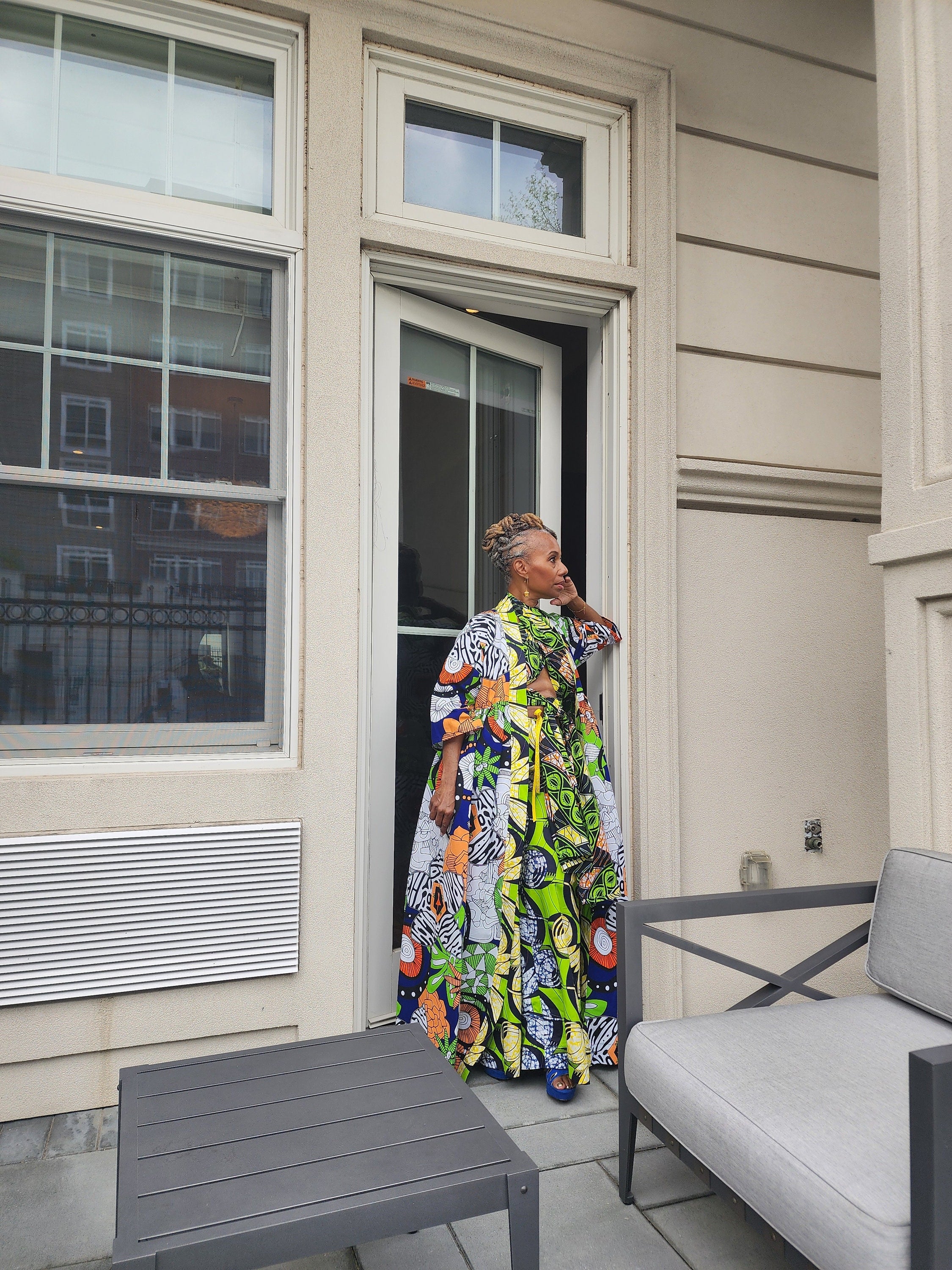 Harusi Kimono, Floor Length  Royal, White and Green Mixed Print Kimono, African Outfits for Women, African Dresses for Women