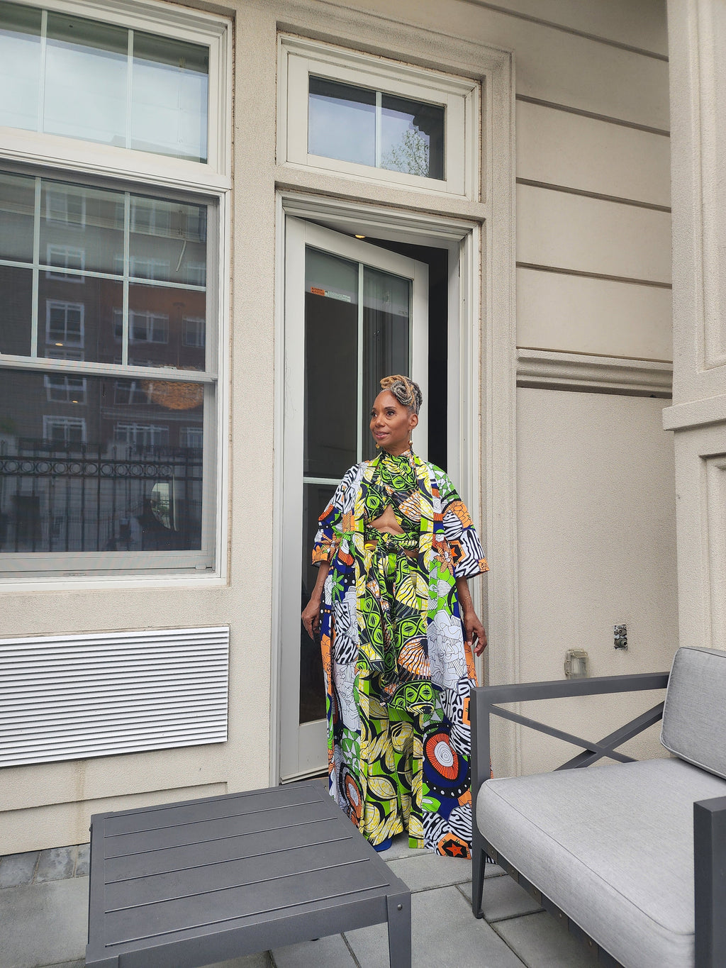 Harusi Kimono, Floor Length  Royal, White and Green Mixed Print Kimono, African Outfits for Women, African Dresses for Women