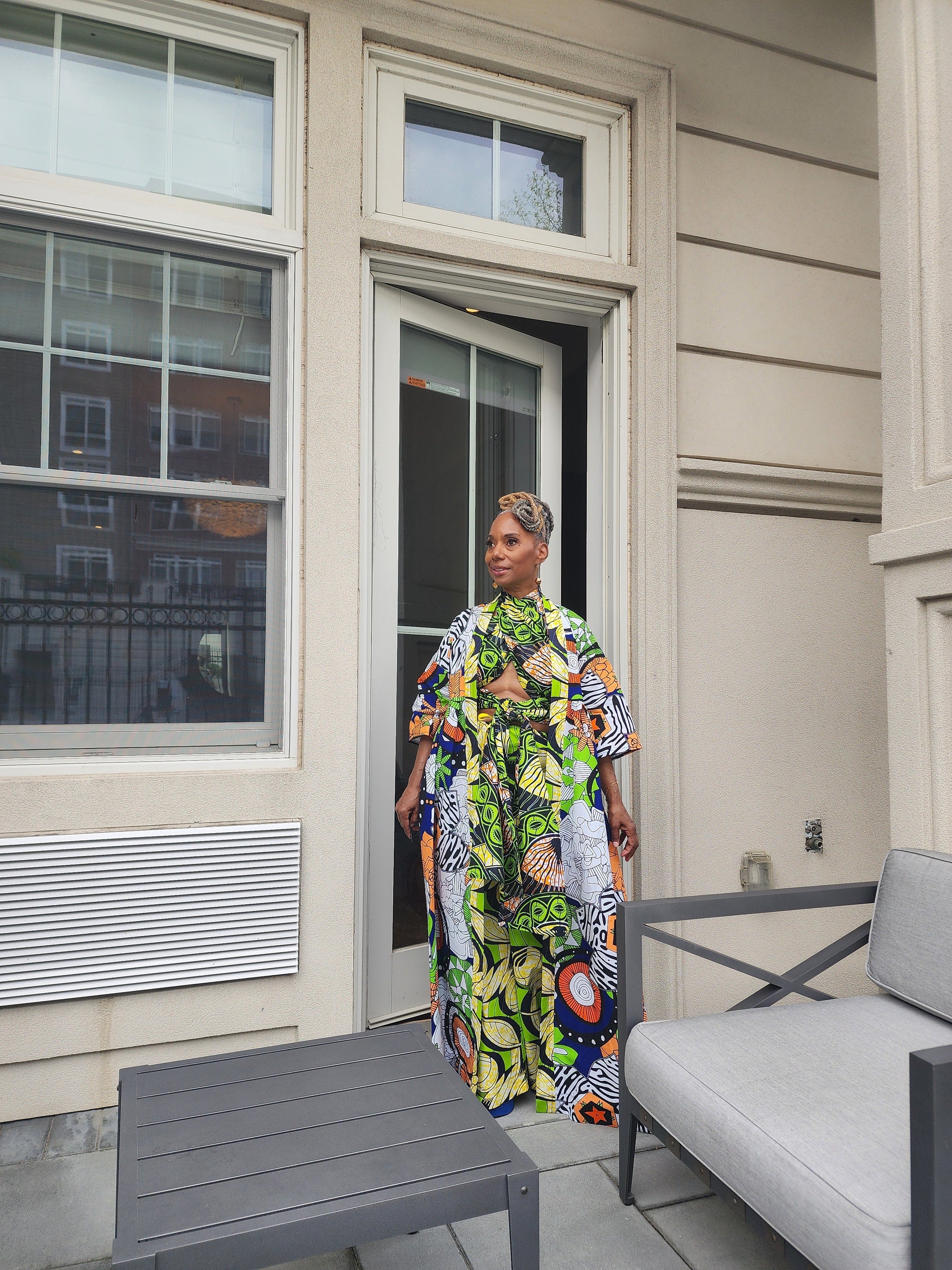 Harusi Kimono, Floor Length  Royal, White and Green Mixed Print Kimono, African Outfits for Women, African Dresses for Women