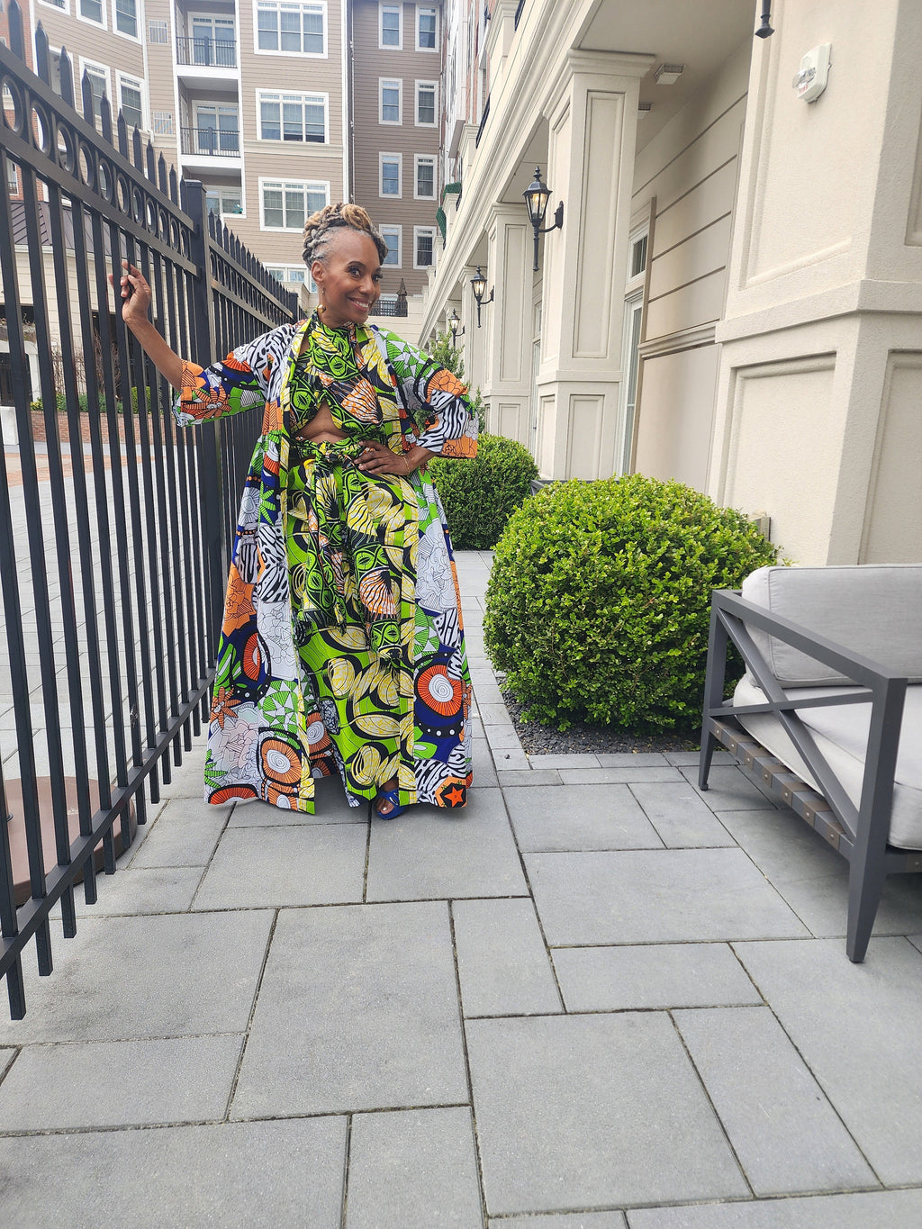 Harusi Kimono, Floor Length  Royal, White and Green Mixed Print Kimono, African Outfits for Women, African Dresses for Women