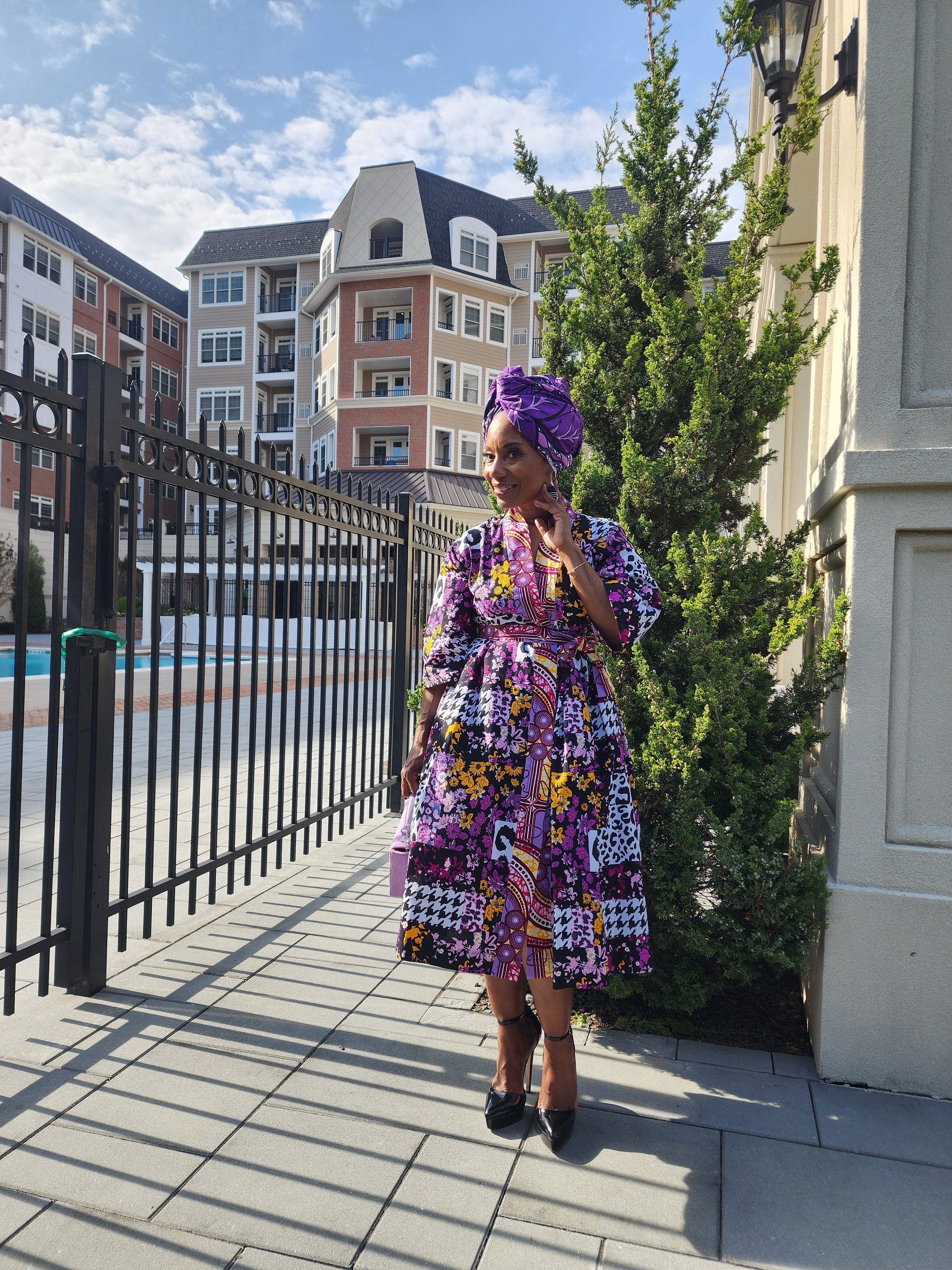 Harusi Kimono  | Black Purple Leapord Mix Mid Length African Print Kimono with belt | Floral Mid-Length Kimono | African Clothing for Women