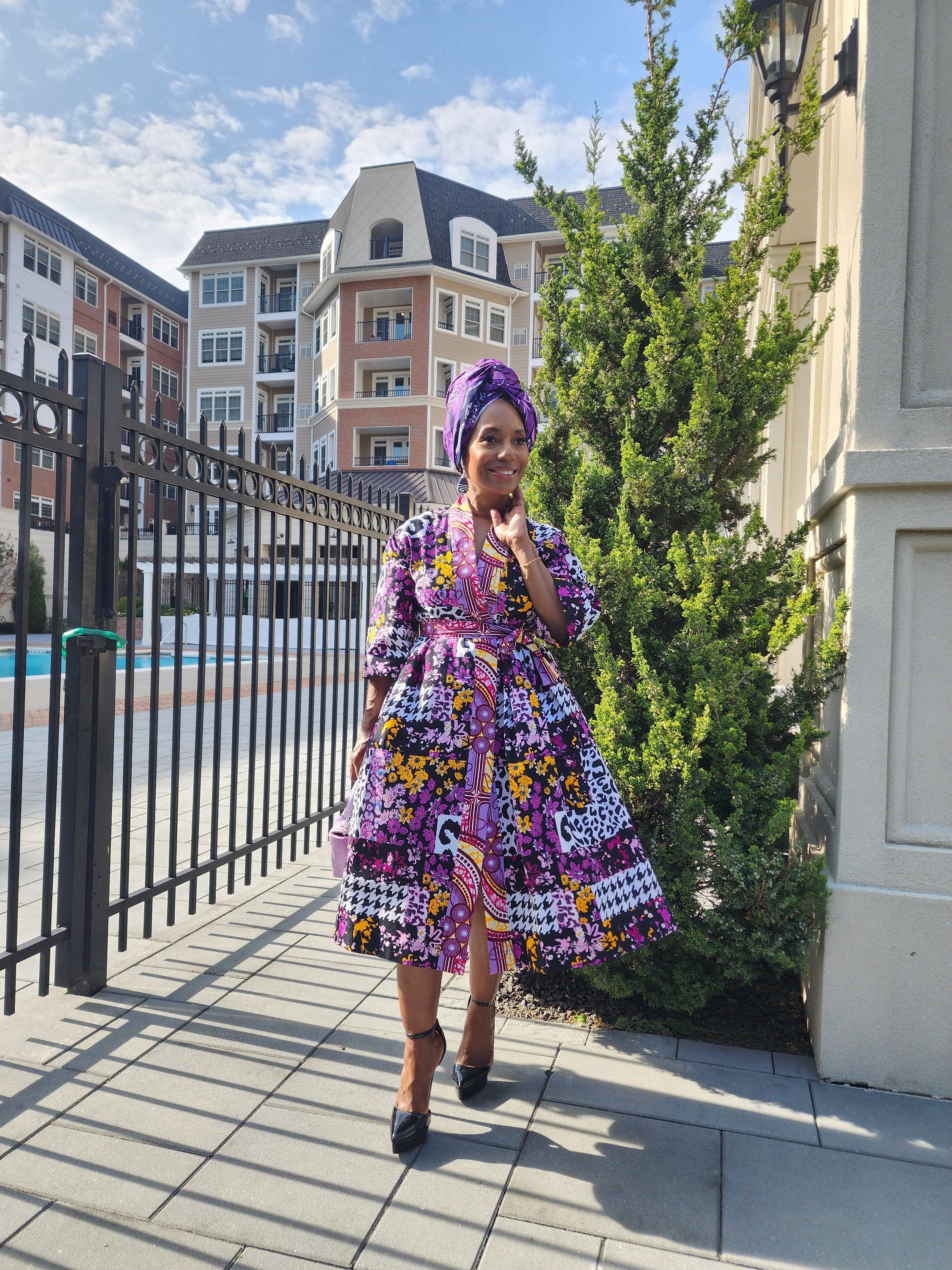 Harusi Kimono  | Black Purple Leapord Mix Mid Length African Print Kimono with belt | Floral Mid-Length Kimono | African Clothing for Women