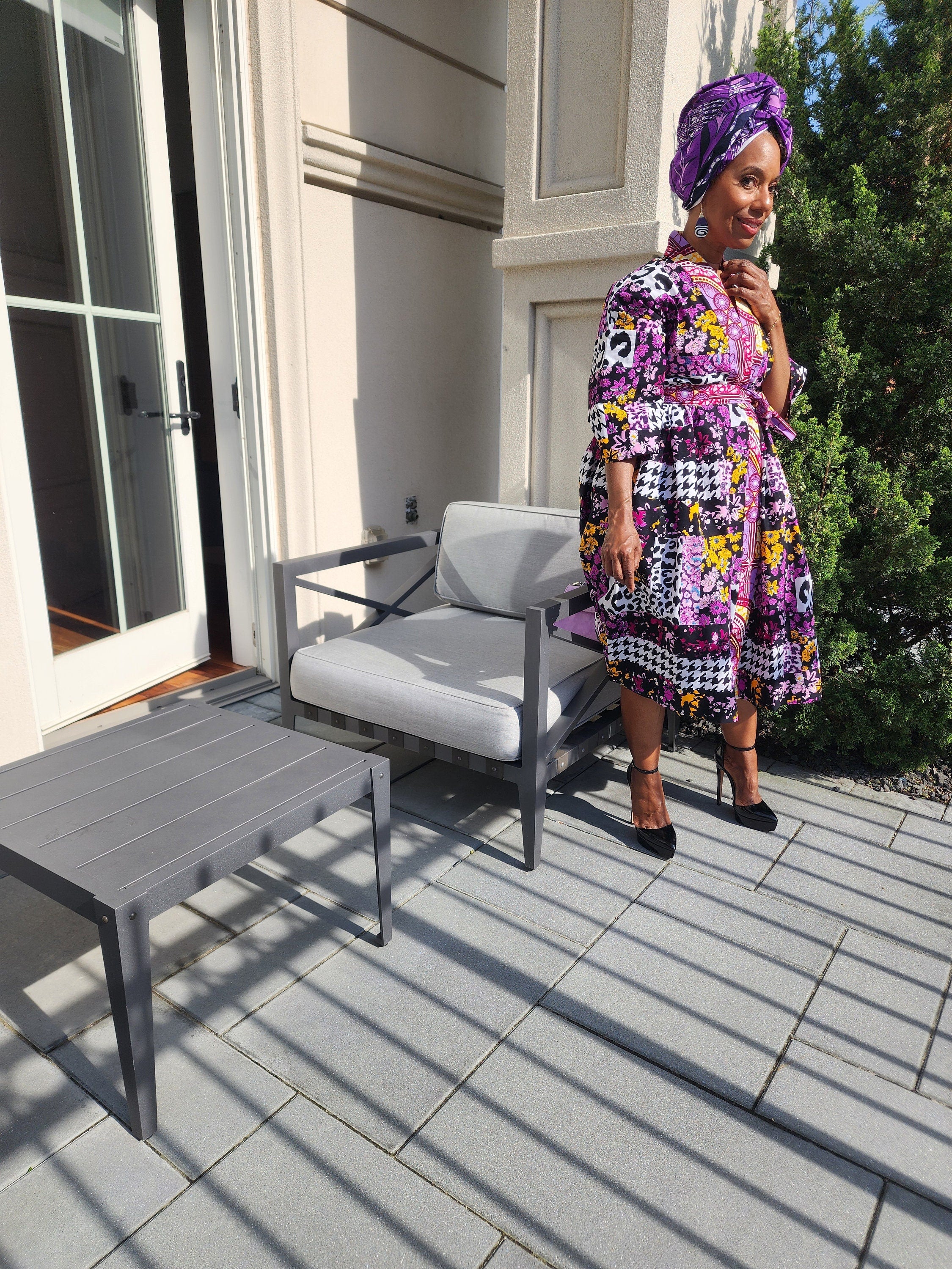 Harusi Kimono  | Black Purple Leapord Mix Mid Length African Print Kimono with belt | Floral Mid-Length Kimono | African Clothing for Women