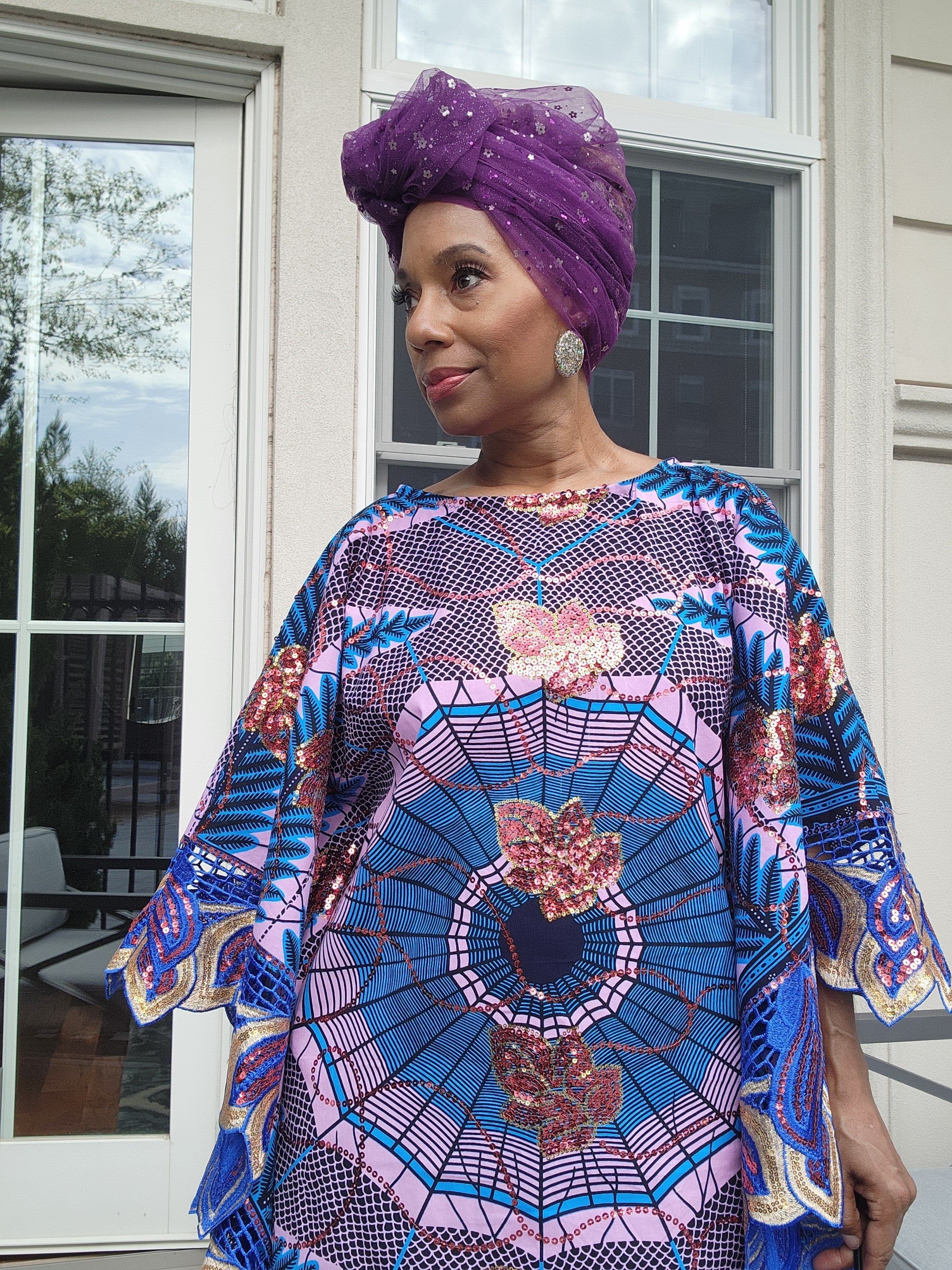 The Nora Kaftan,  Wide shoulder  Ankara Dress, Plus Size Kaftan Dress, Embroidered Kaftan Dress, African Kaftan Dress