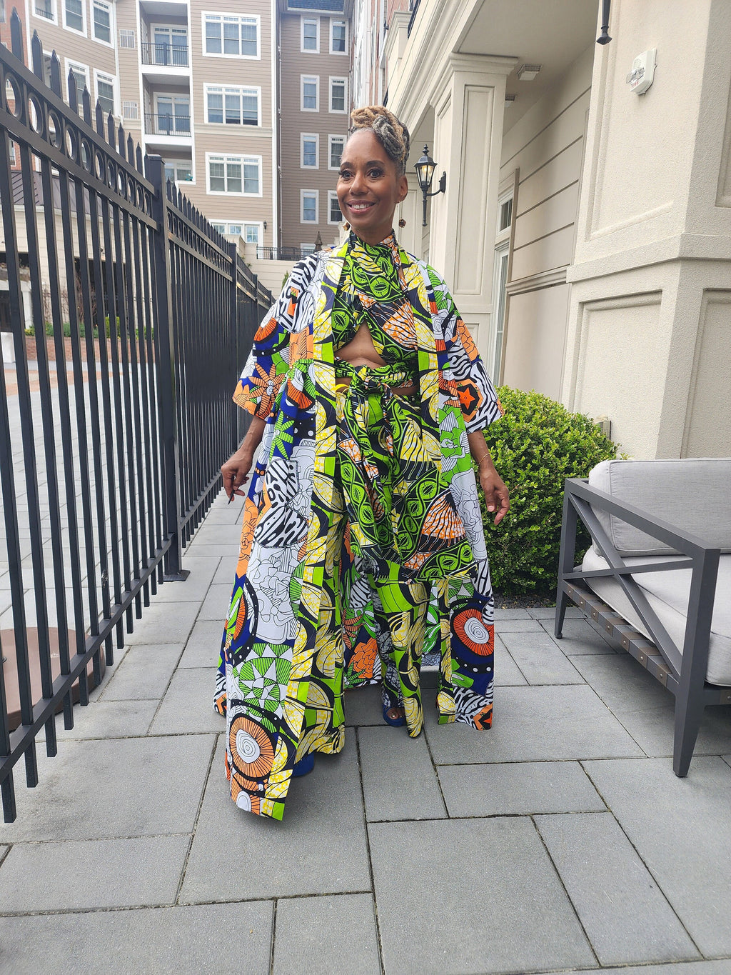 Harusi Kimono, Floor Length  Royal, White and Green Mixed Print Kimono, African Outfits for Women, African Dresses for Women