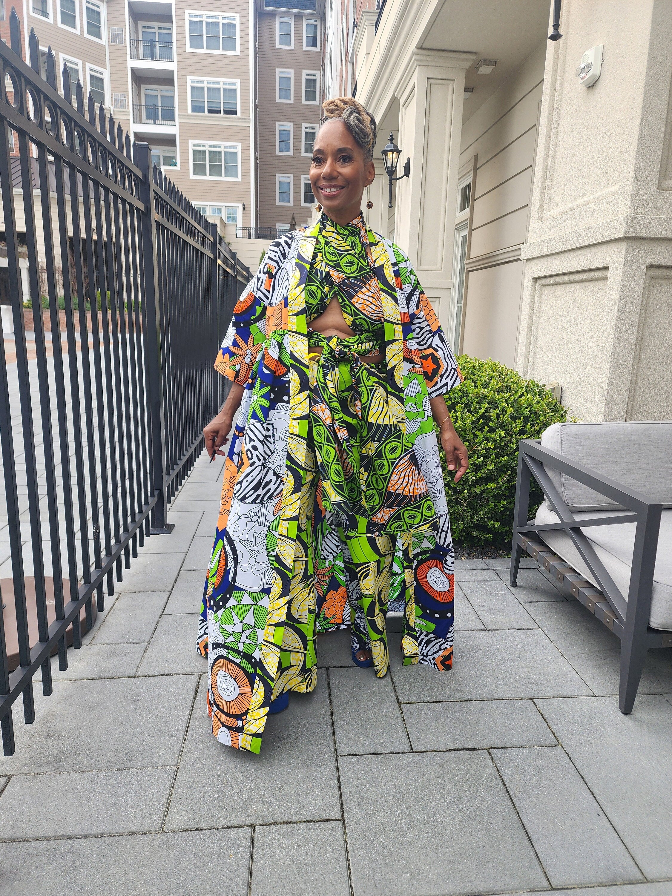 Harusi Kimono, Floor Length  Royal, White and Green Mixed Print Kimono, African Outfits for Women, African Dresses for Women
